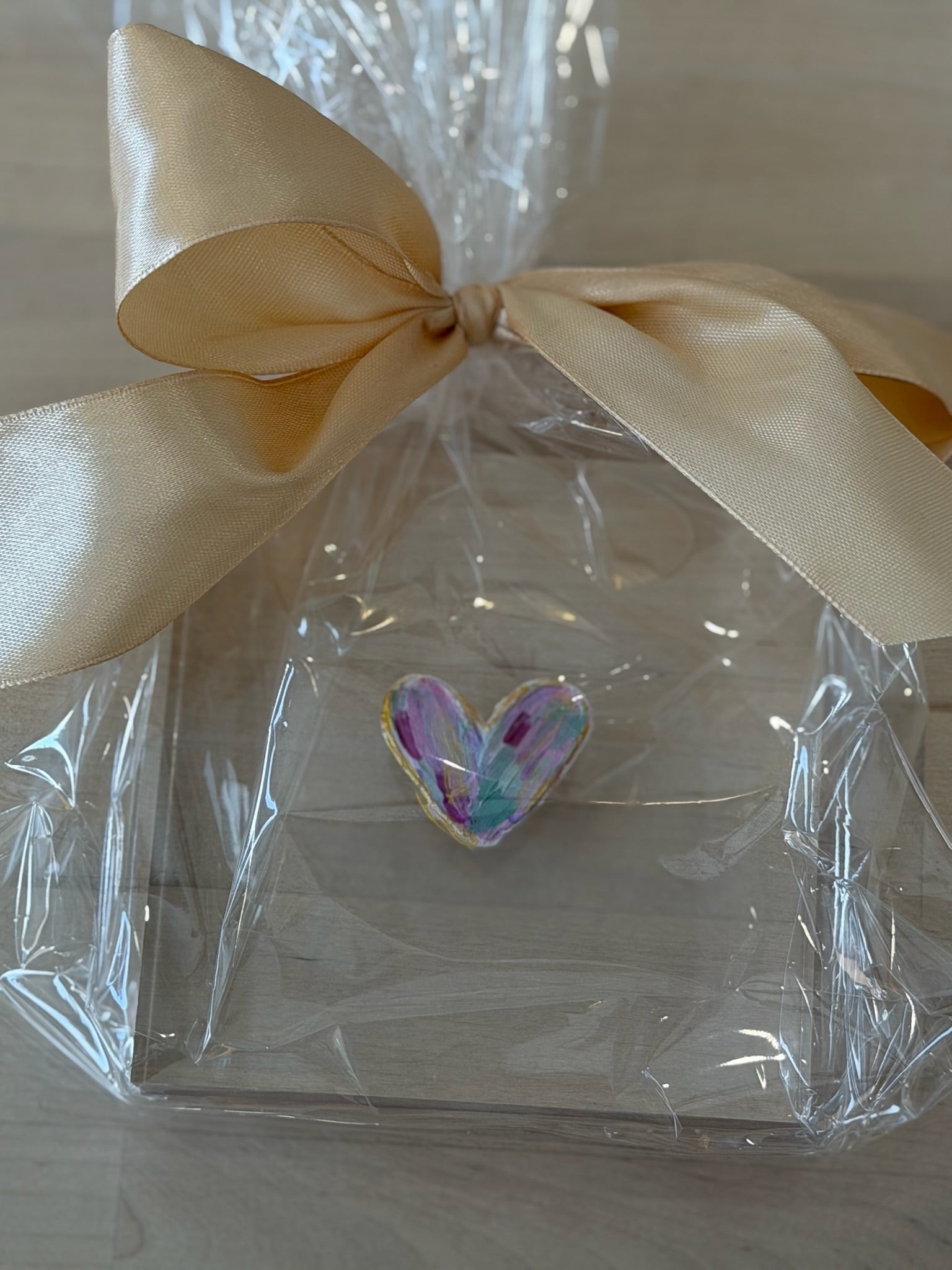 Heart Acrylic Art 4x4| Multi, Gold Bow