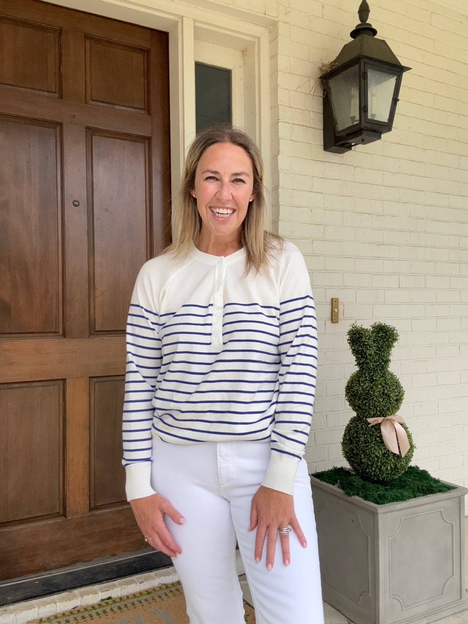 Striped Henley Sweater | Off White & Blue