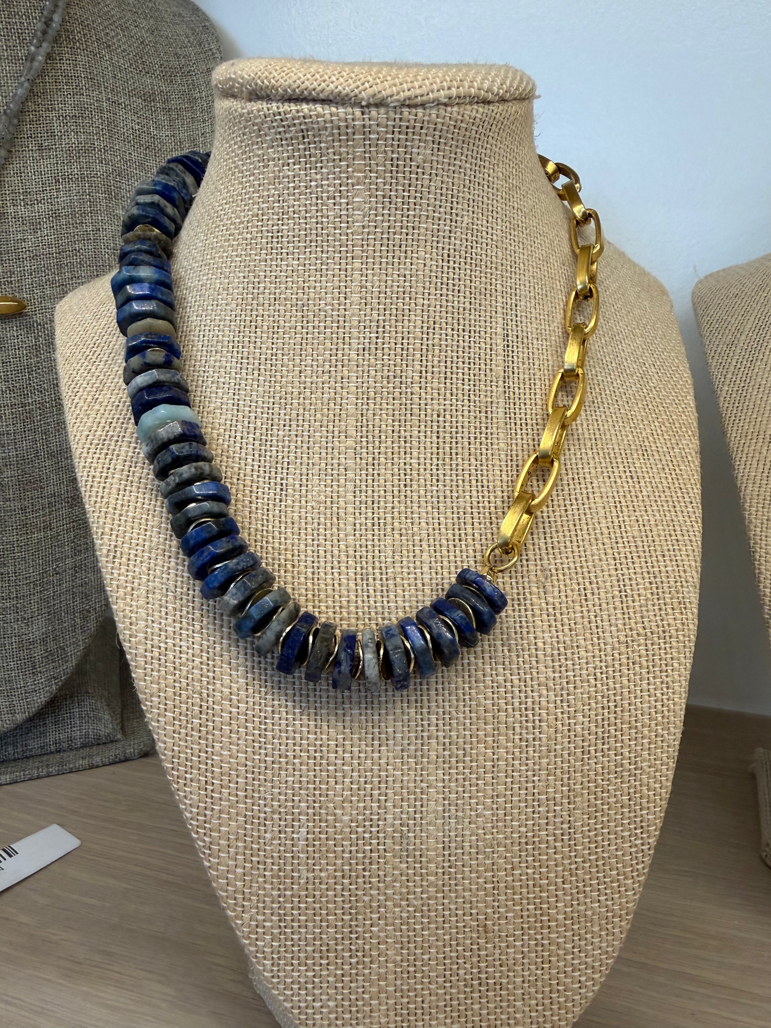 Chunky Bead & Half Chain Necklace | Blue