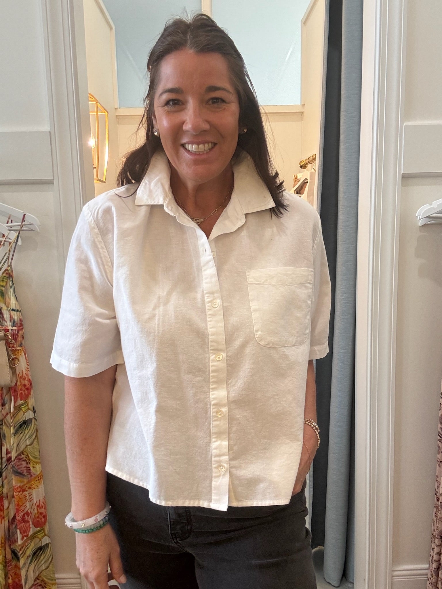 Linen Blend Boyfriend Button Down | White