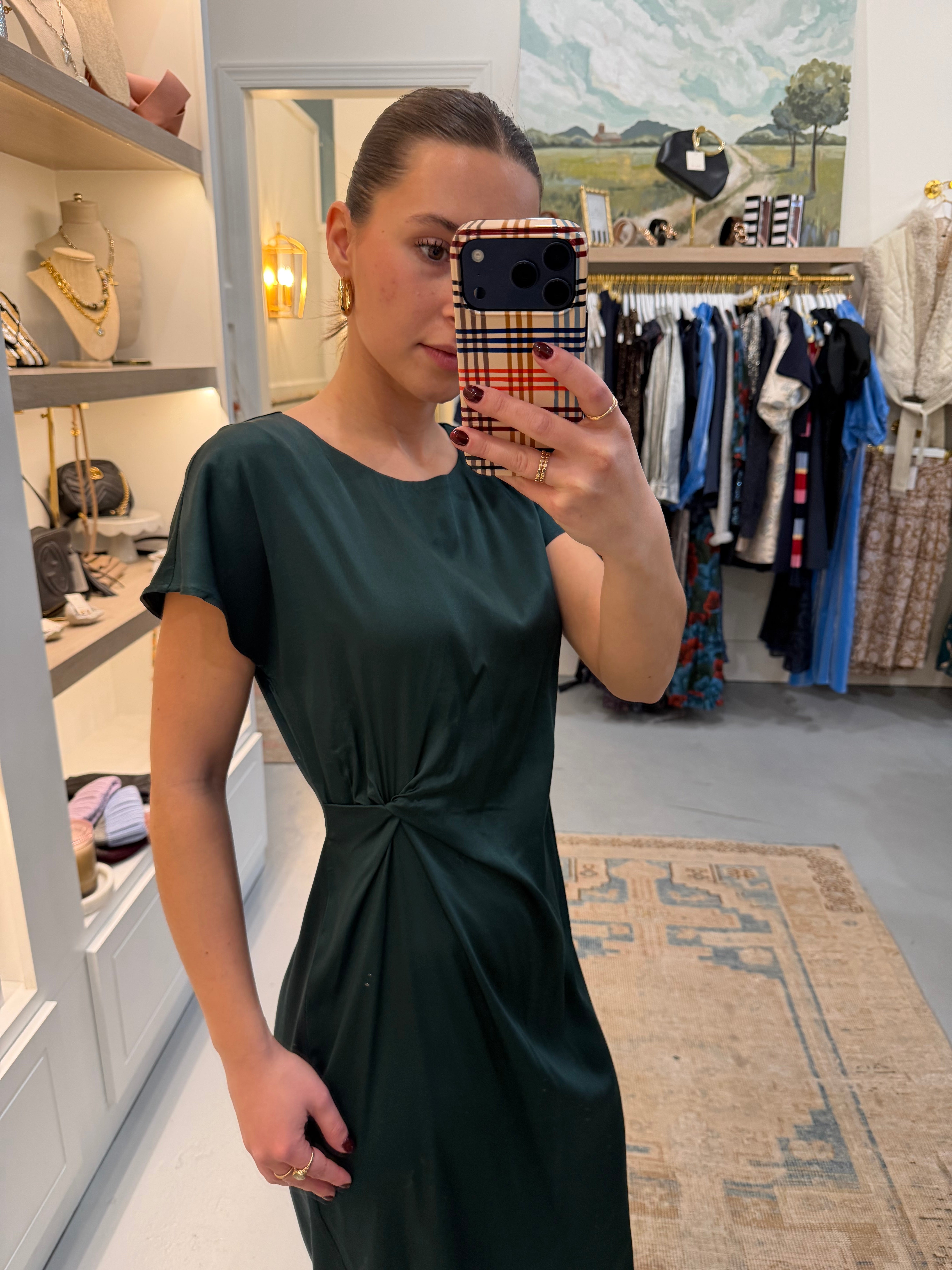 Startburst Stretch Satin Dress | Pine