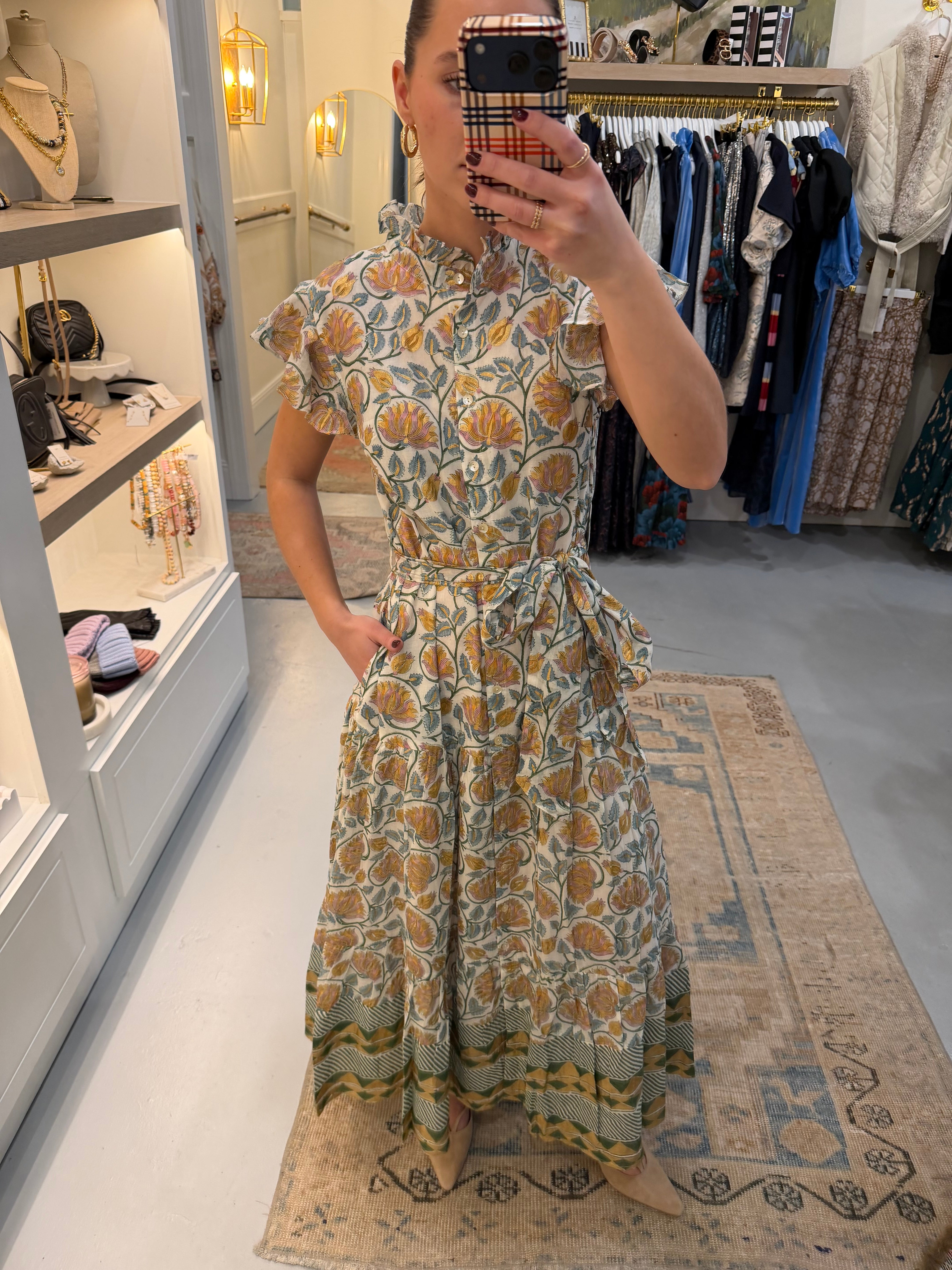 Ruffle Collar Button Maxi | Montenegro Green