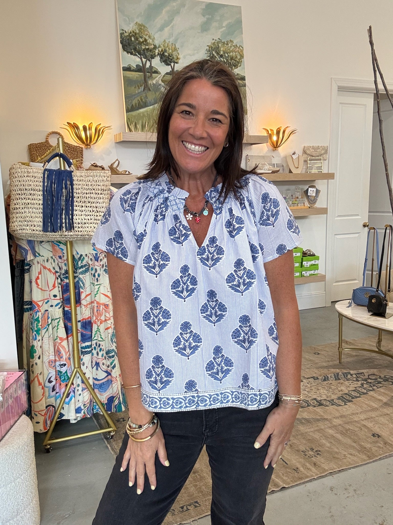 Cecelia Top | Indigo Striped Hollyhock