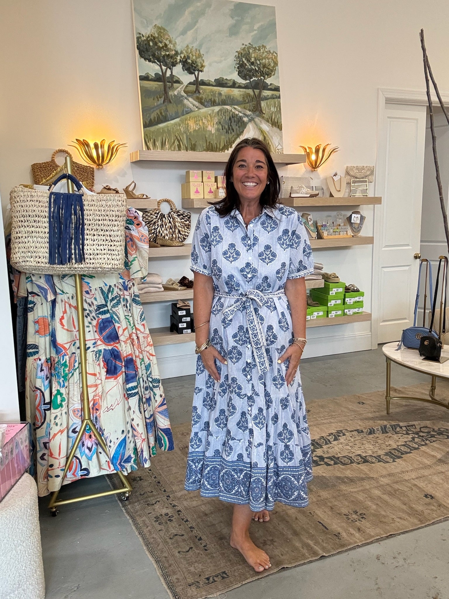 Short Sleeve Dress | Indigo Striped Hollyhock