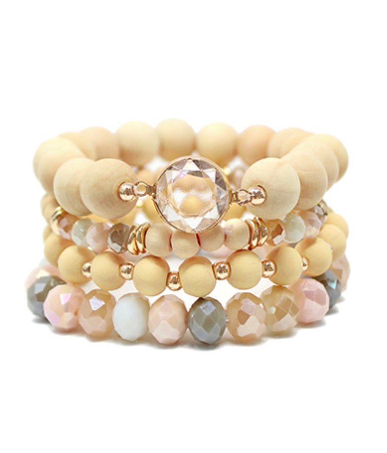 Wooden and Crystal Bead Bracelet Stack | Ivory