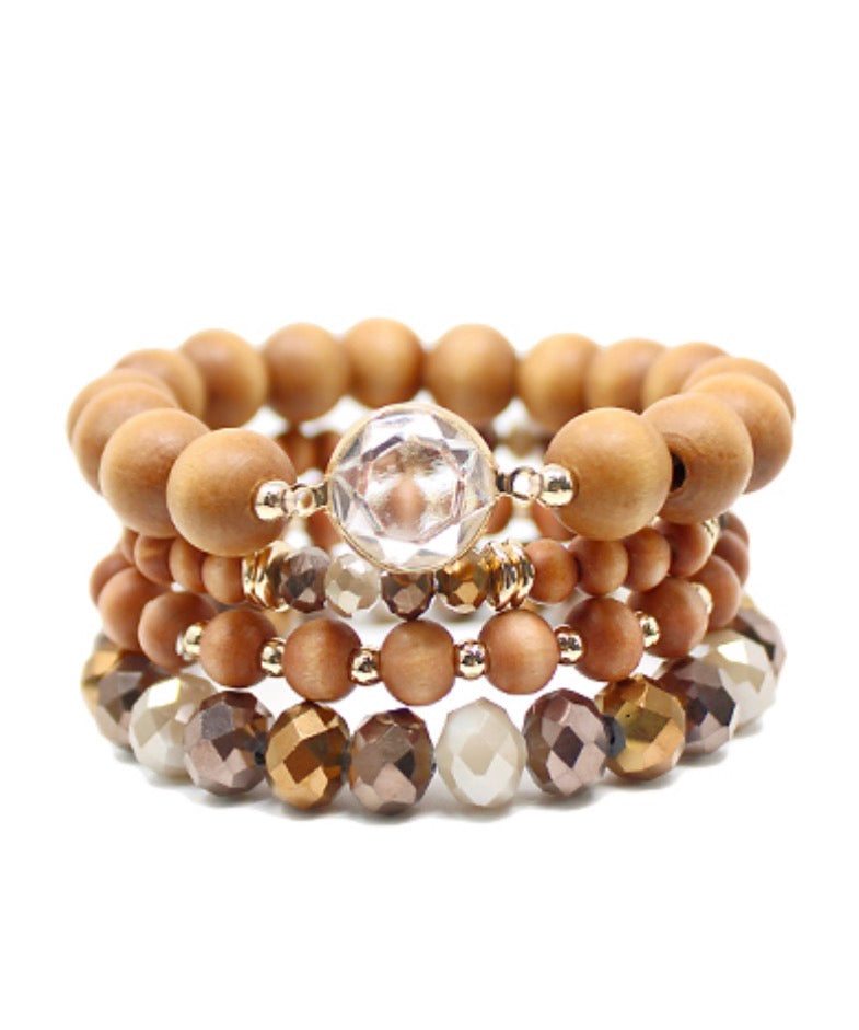 Wooden and Crystal Bead Bracelet Stack | Brown