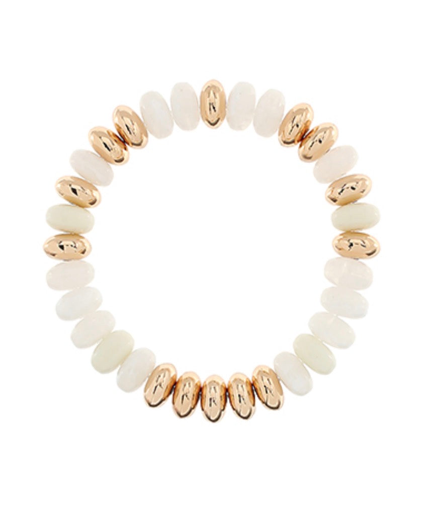Stone Rondelle and Metal Bead Bracelet | White and Gold