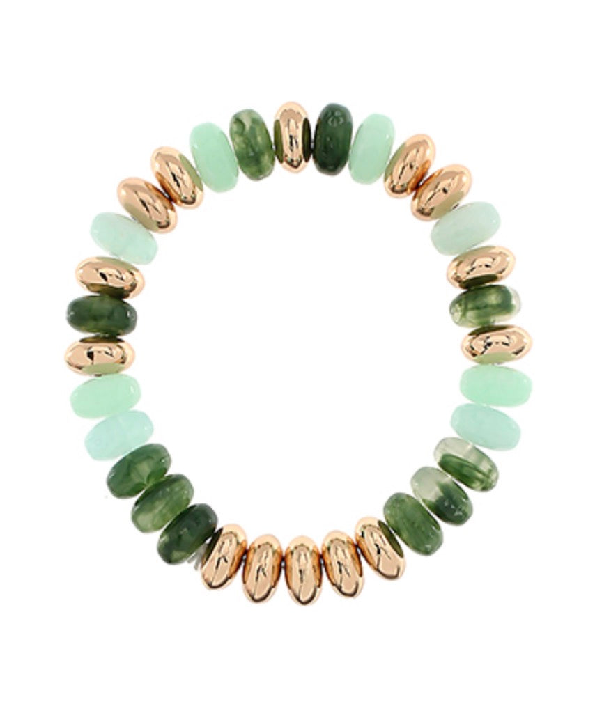 Stone Rondelle and Metal Bead Bracelet | Green and Gold