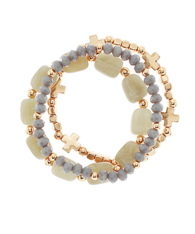 3 Row Cross and Marble Stone Bracelet | Grey Multi