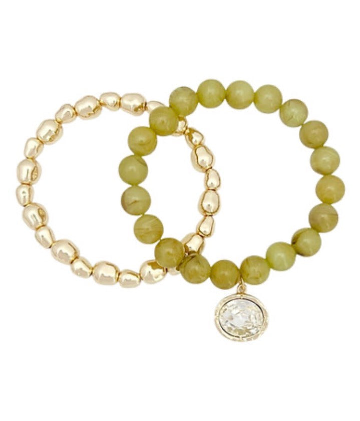 2 Row Bead and Glass Stone Charm Bracelets | Olive