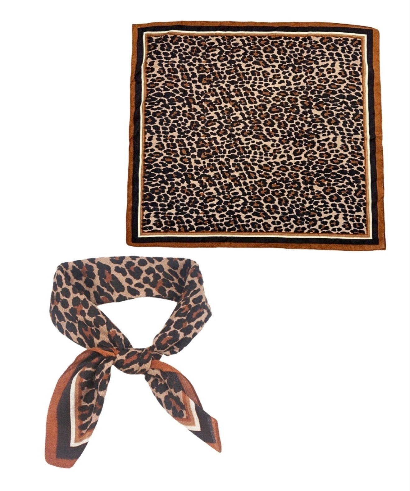 Bordered Leopard Print Bandana Scarf | Cognac