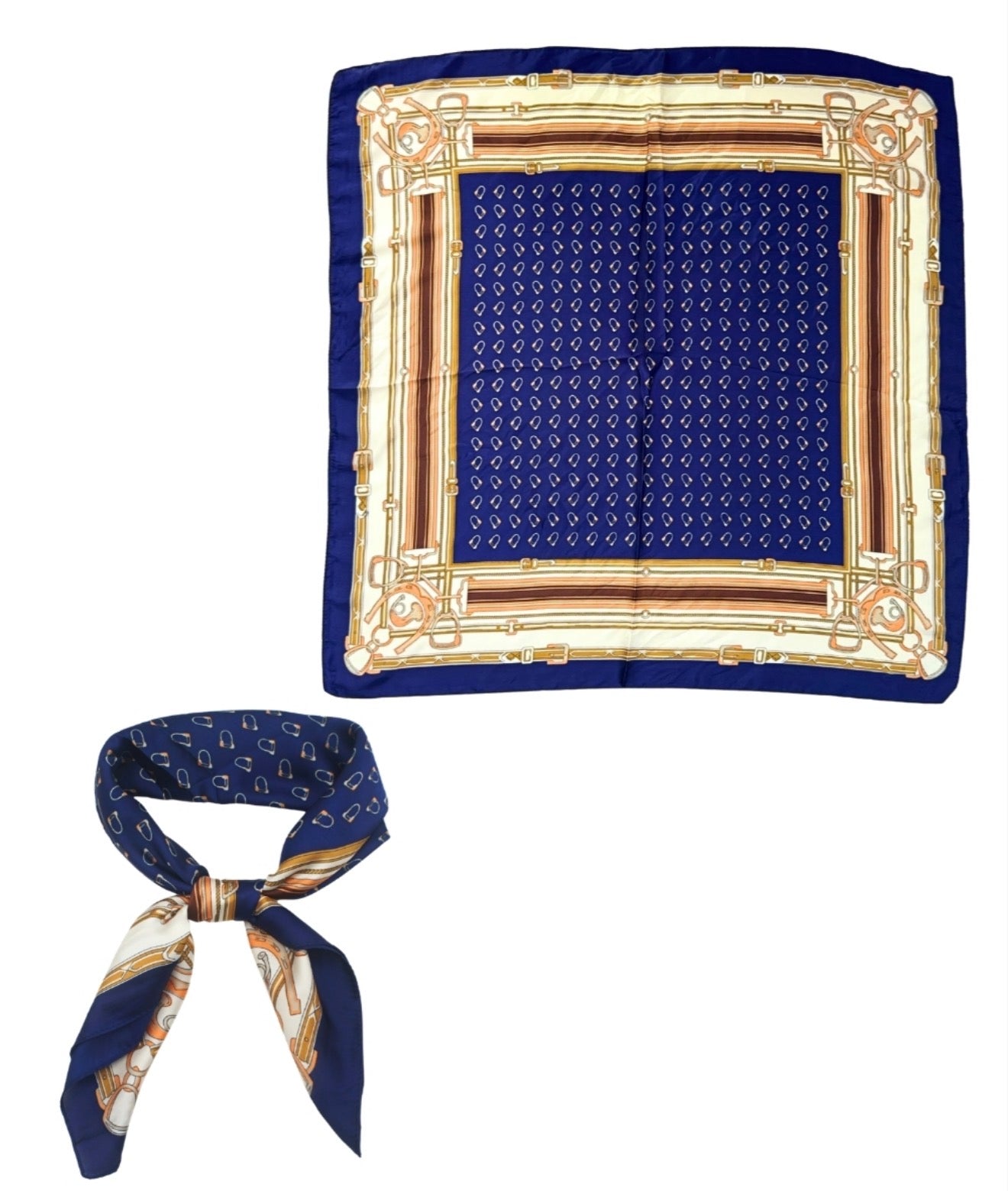 Printed Horsebit and Belt Scarf | Navy and Ivory