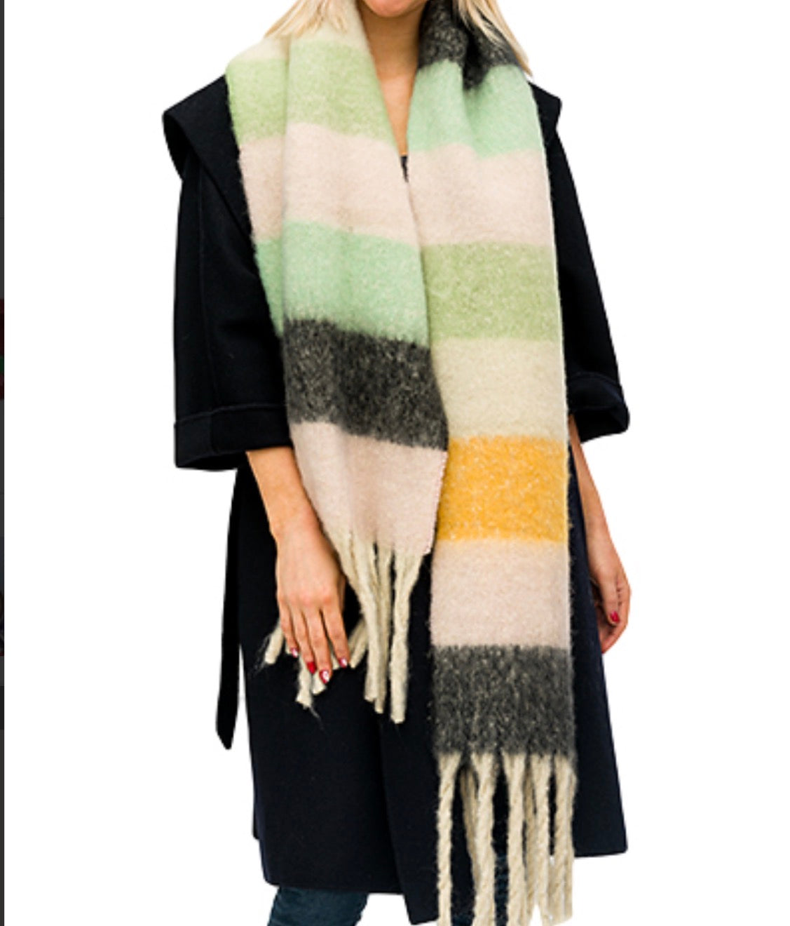 Fringe Trim Color Block Scarf | Mint Multi