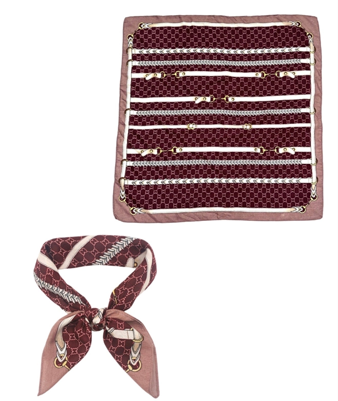 Horsebit Strap Print Bandana Scarf | Burgundy