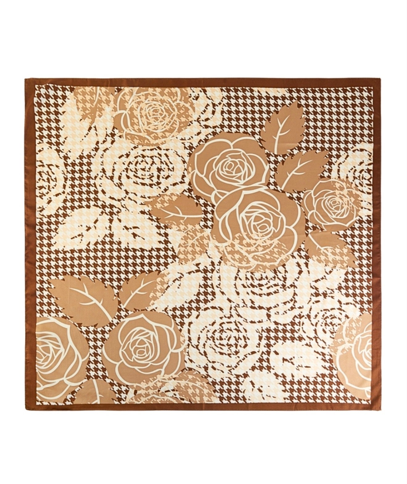 Silk Feel Vintage Rose & Houndstooth Print Scarf | Taupe