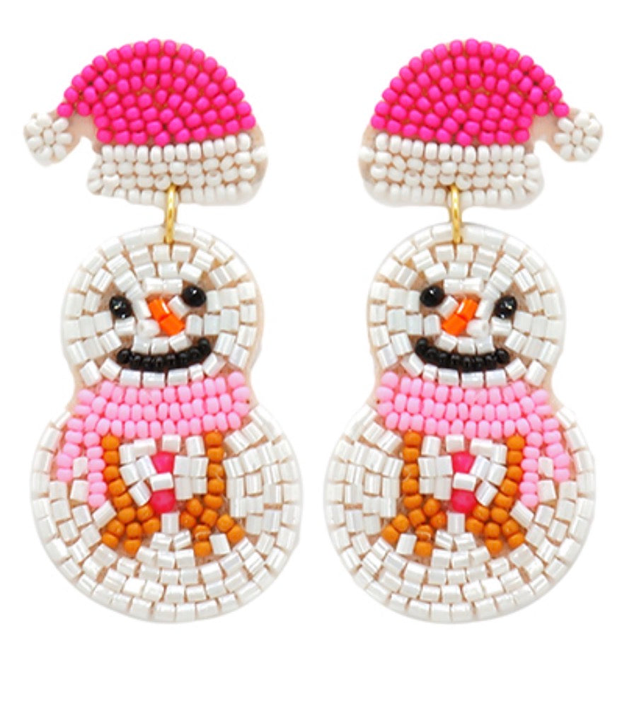 Snowman & Hat Seed Bead Earrings | White
