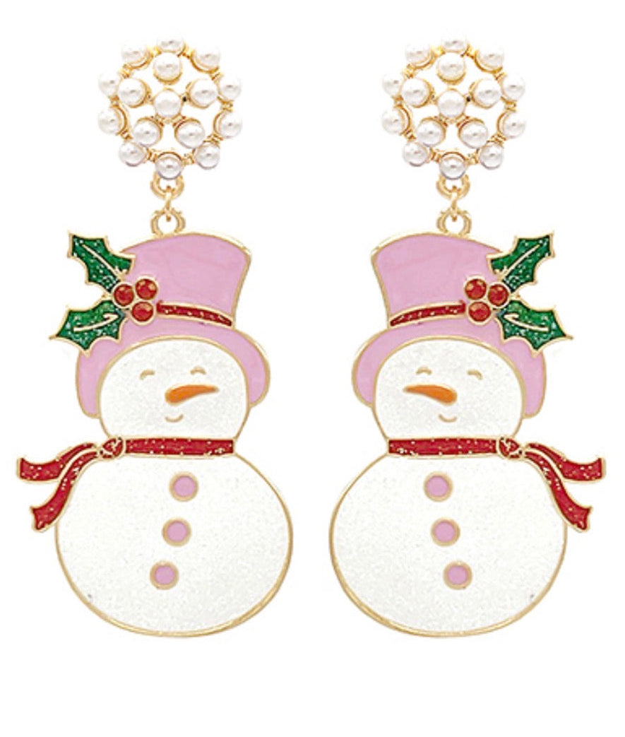Scarf Snowman & Pearl Earrings | White & Pink