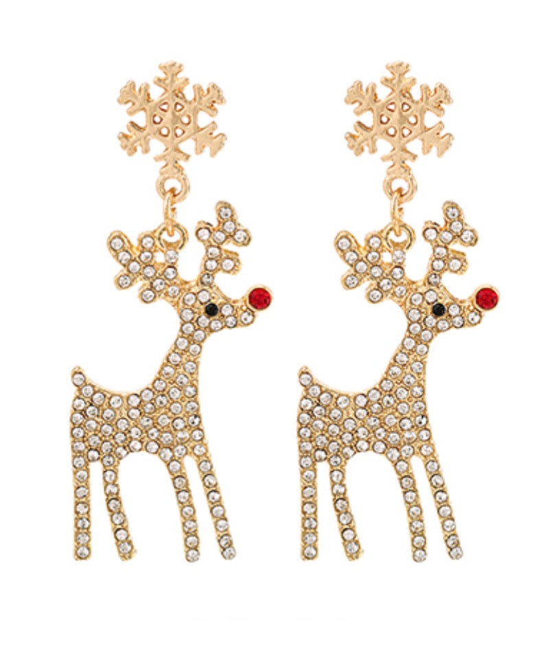 Pave Rudolph & Snowflake Drop Earrings | Gold