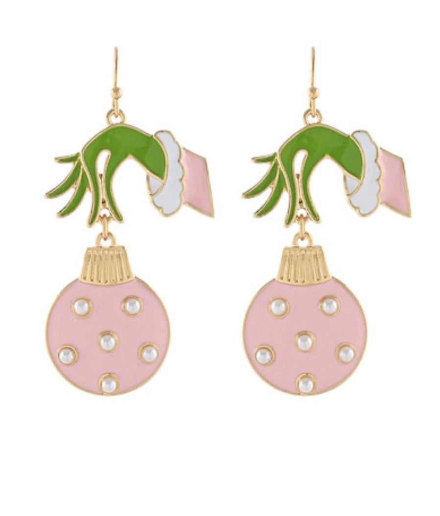 Christmas Grinch’s Hand & Ornament Earrings | Light Pink