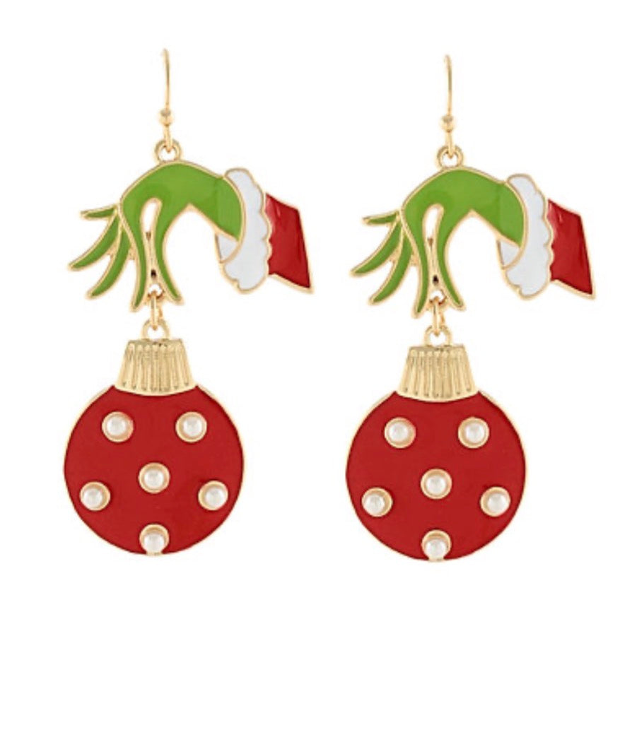 Christmas Grinch’s Hand & Ornament Earrings | Red