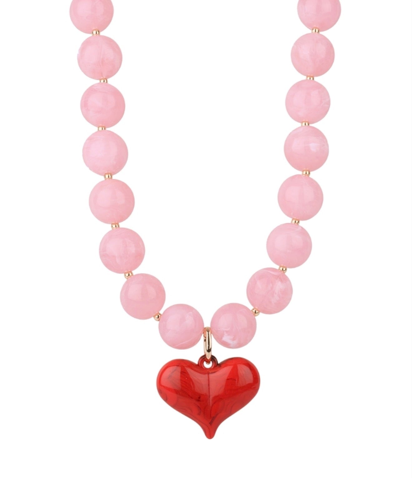 Puffy Heart & Marble Ball Necklace | Light Pink & Red