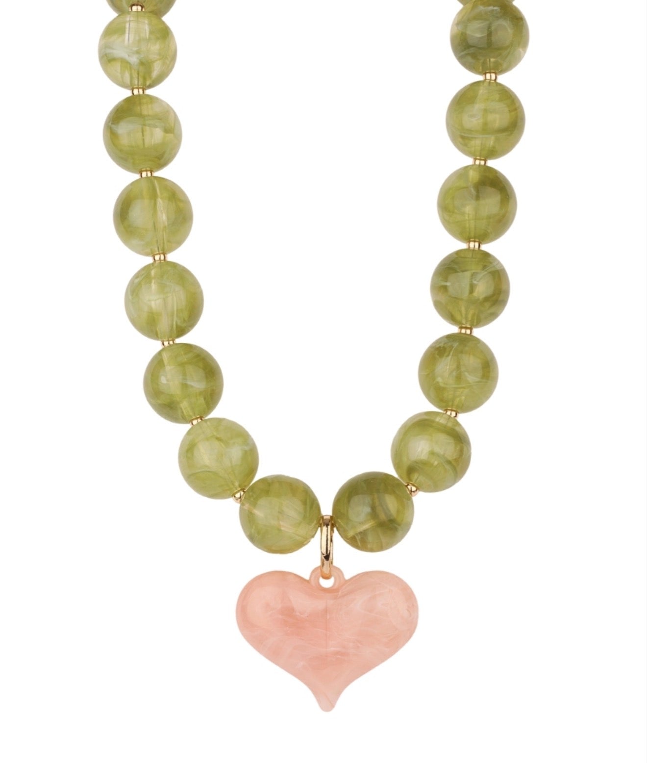Puffy Heart & Marble Ball Necklace | Olive & Light Pink