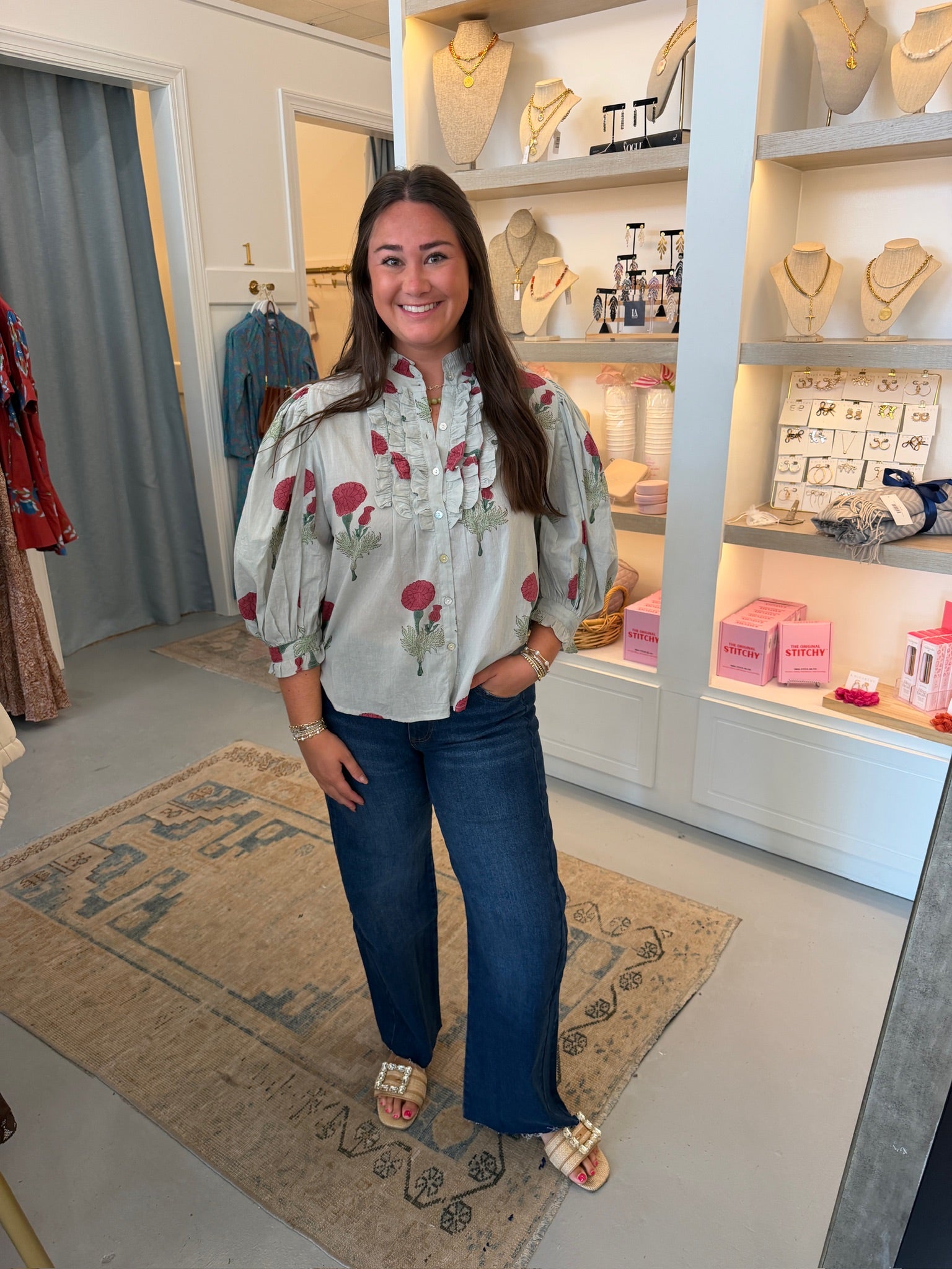 Ruffle Front Button Blouse I Rhubarb