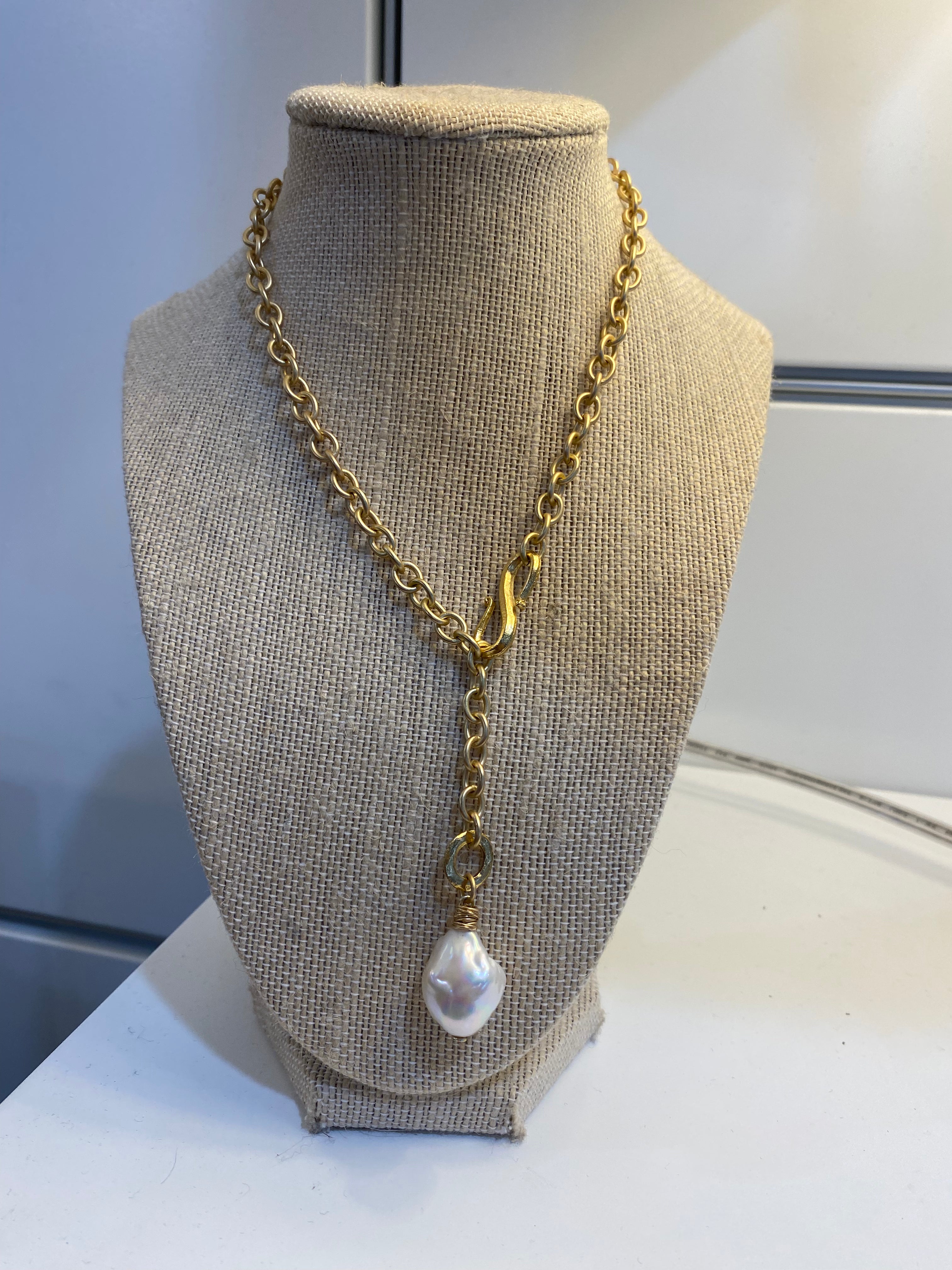 Large Baroque Pearl Pendant on Matte Gold Chain