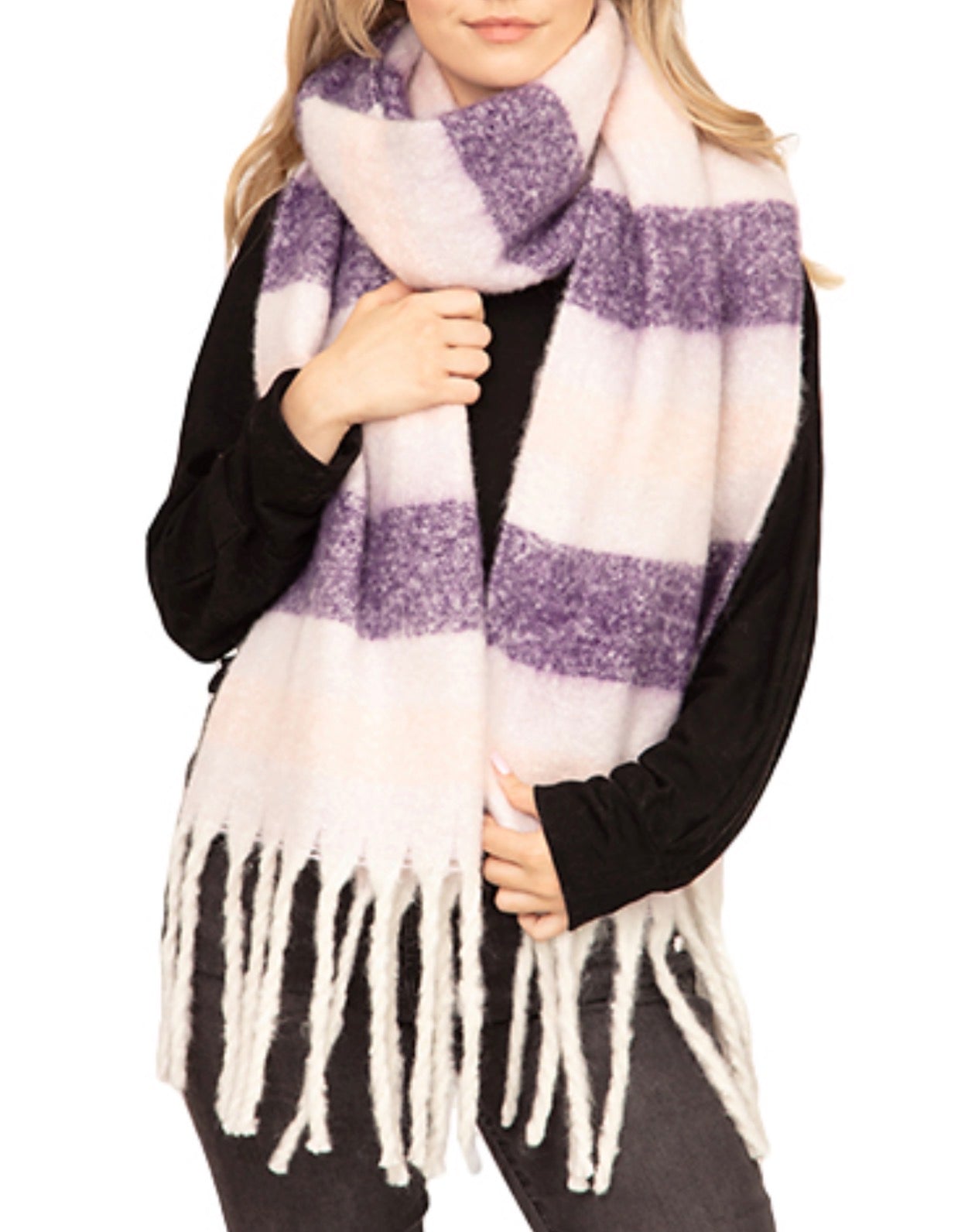 Striped Fringe Oblong Scarf | Purple