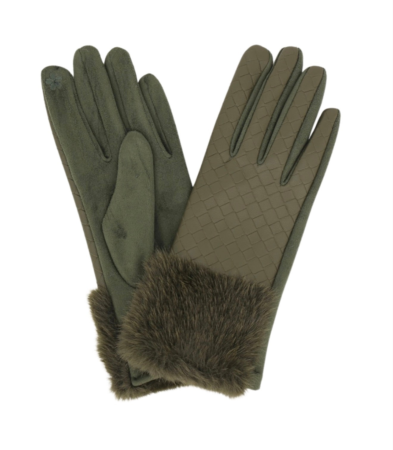 Faux Fur Trim Quilted Touchscreen Gloves | Olive