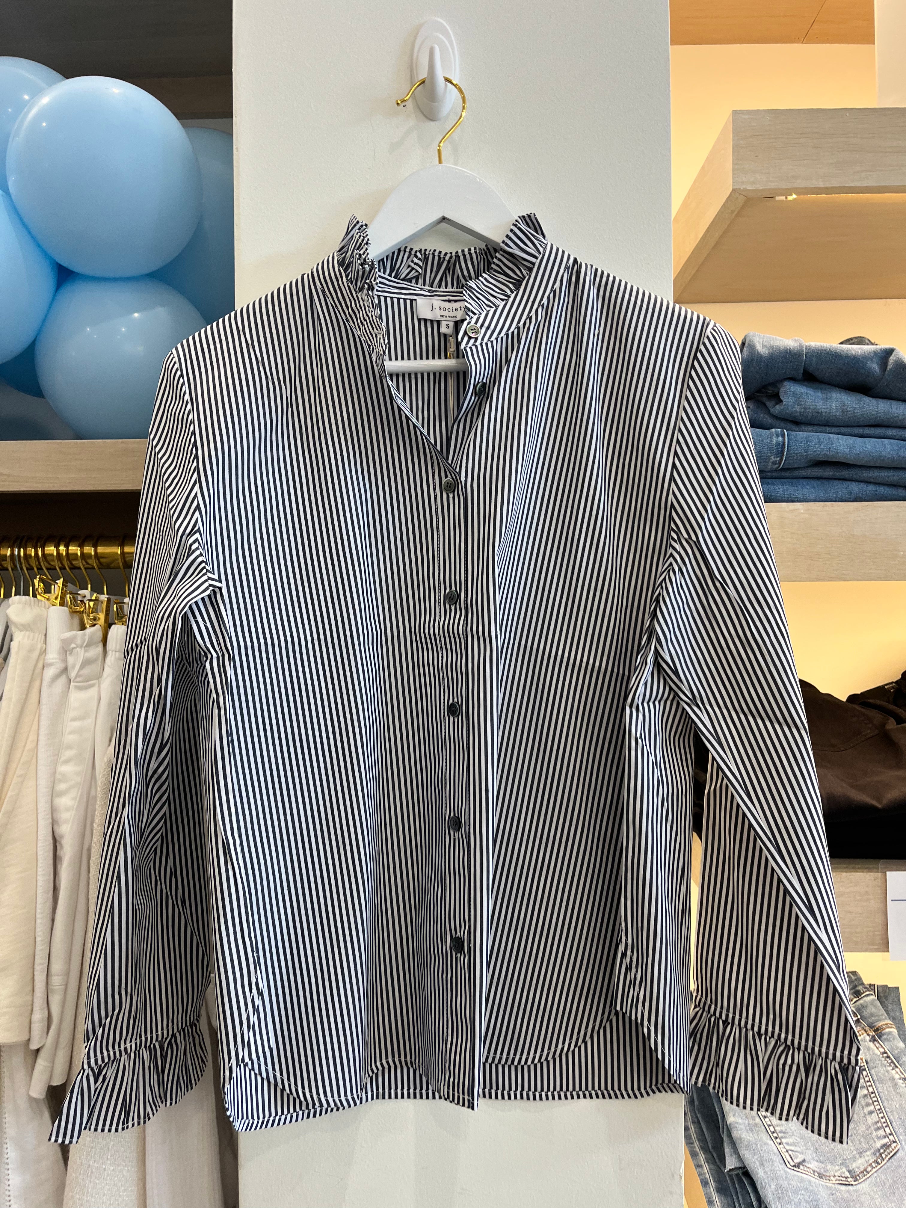 Stripe Ruffle Button Down I Black