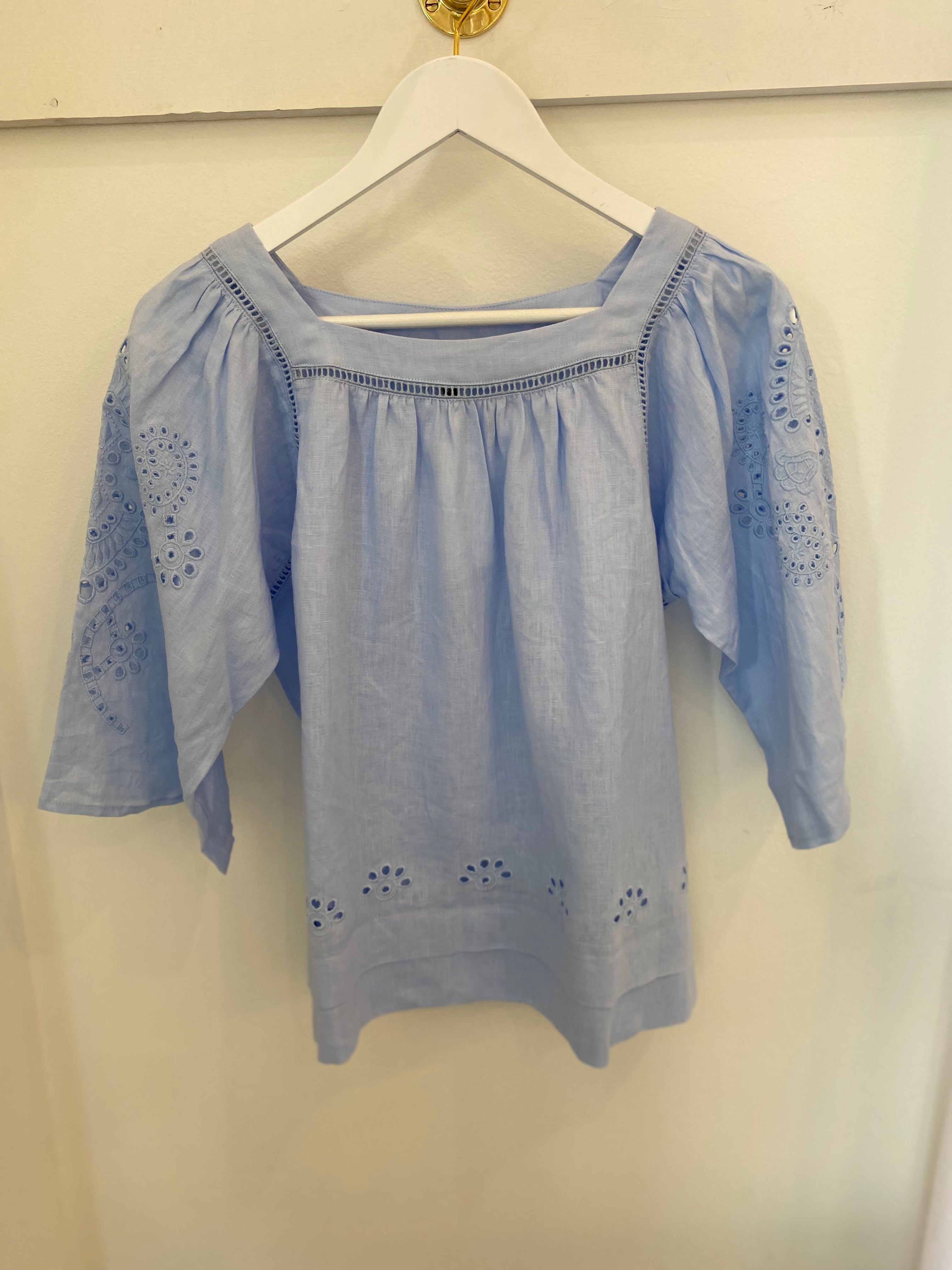 Square Neck Double Hem Embroidered Top Chambray