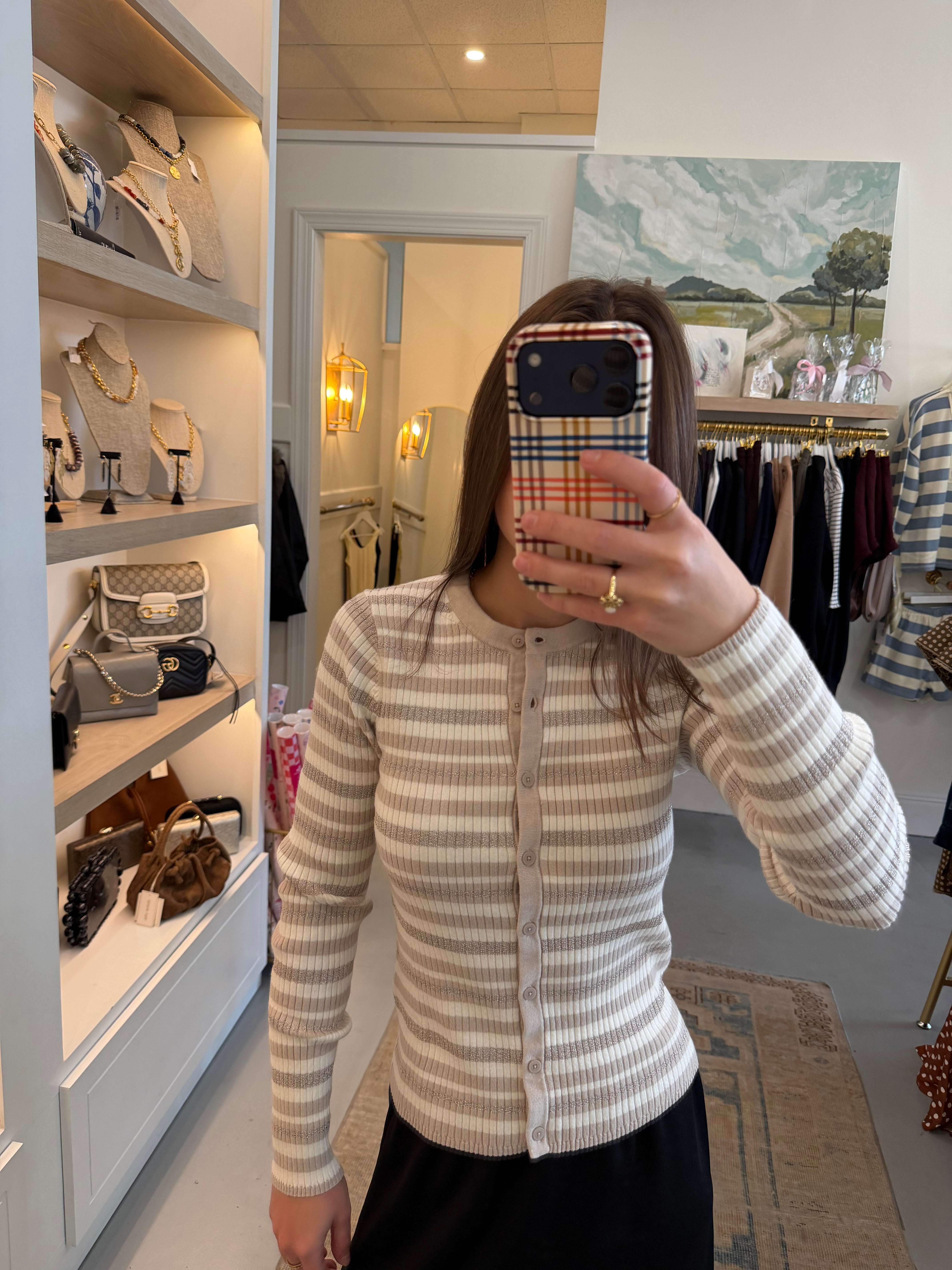 Metallic Stripe Cardigan | Taupe
