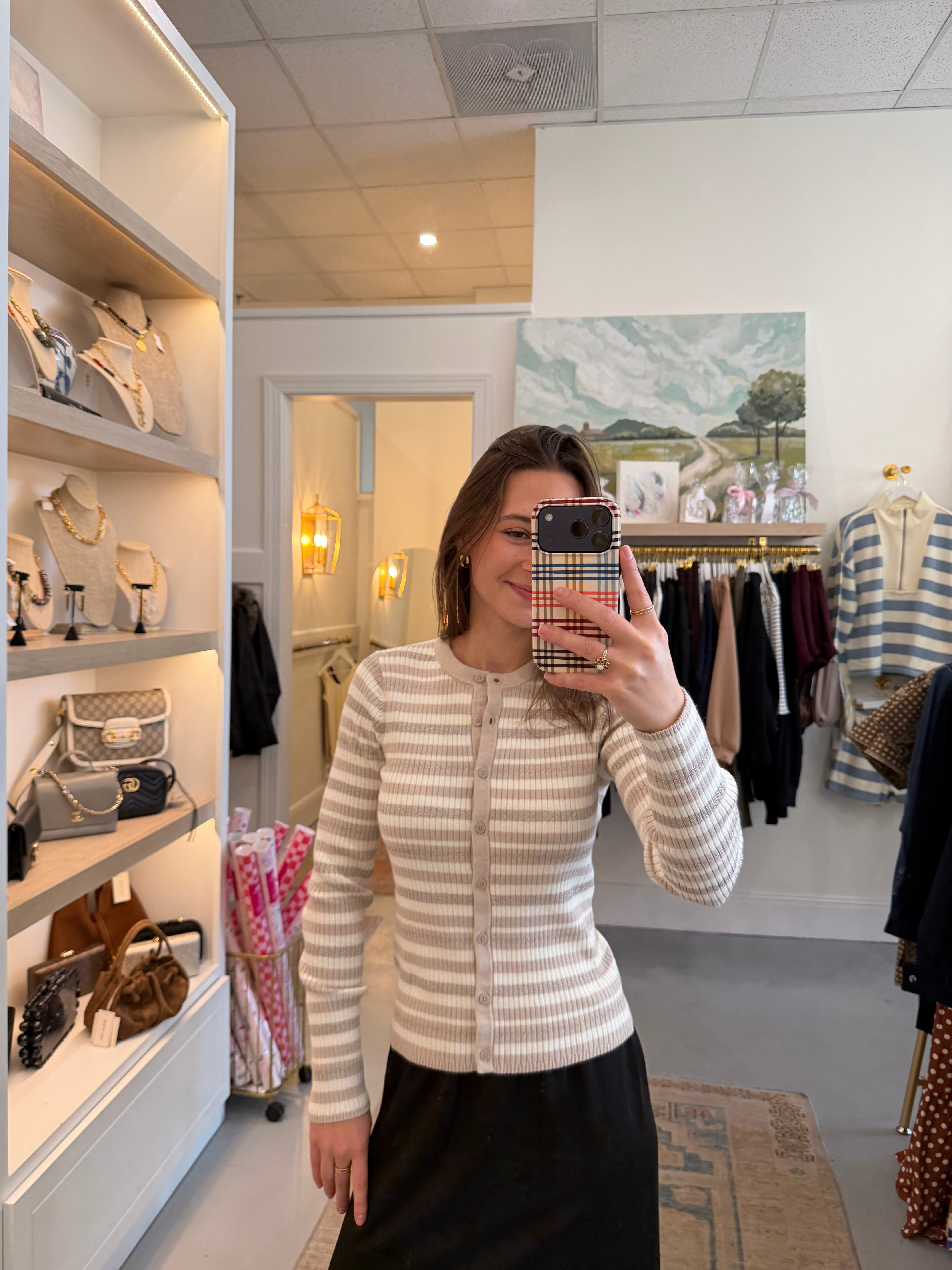 Metallic Stripe Cardigan | Taupe