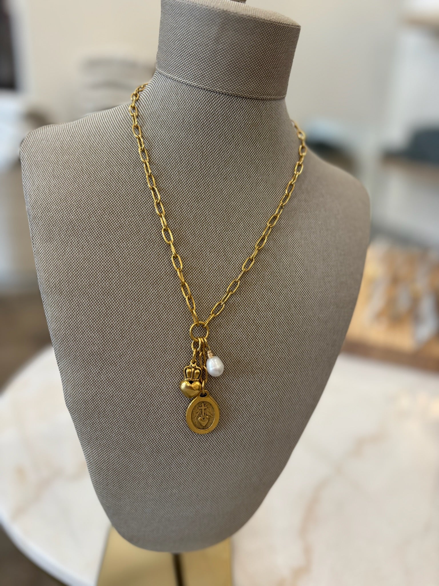 Heart, Pearl, Cross on Gold Chain