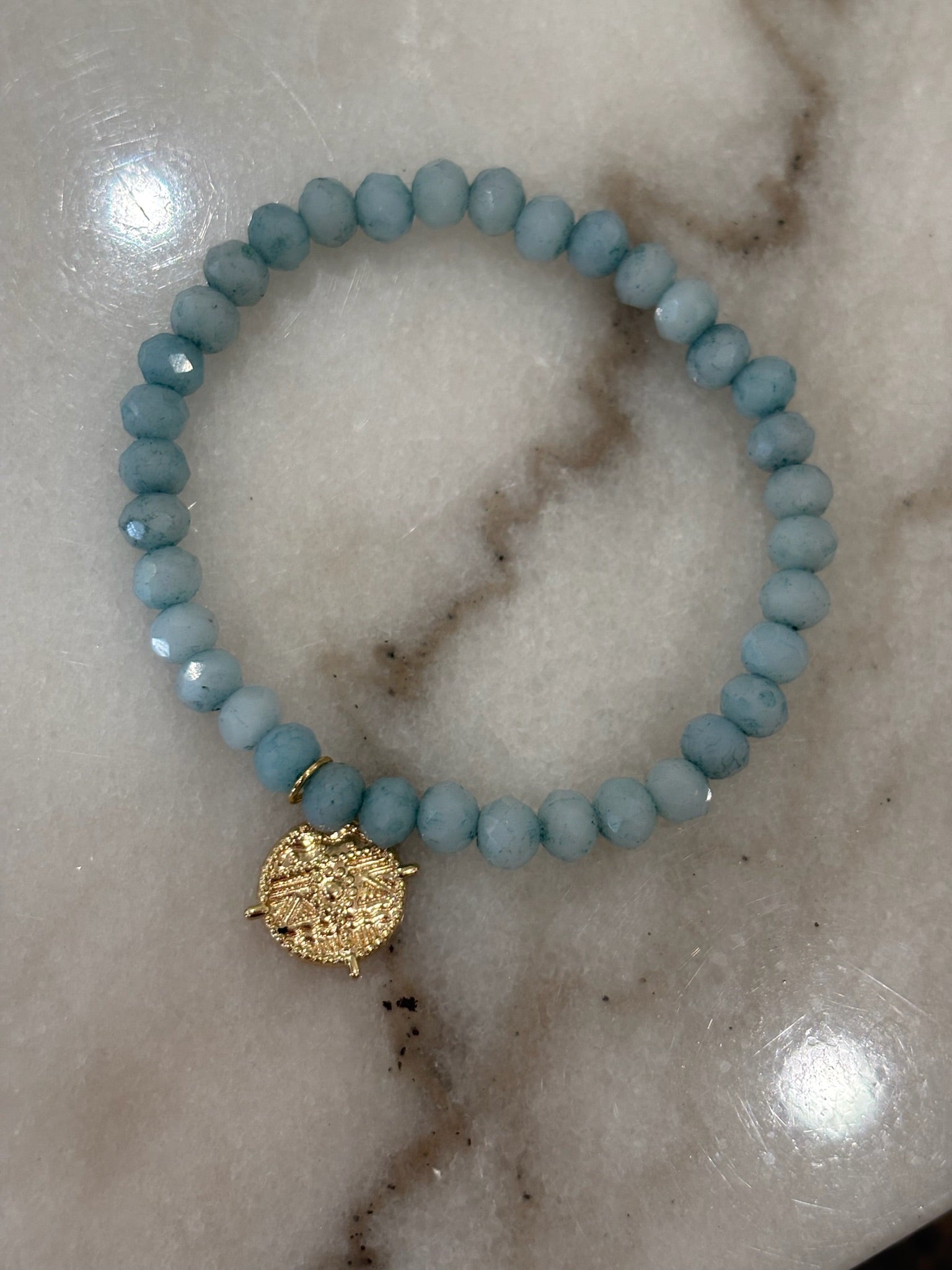 Turquoise Blue Beaded Bracelet | Gold Medalion