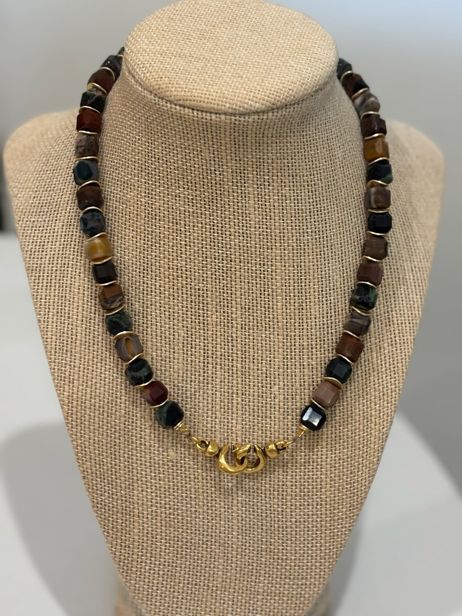 Square Stone Necklace | Green, Gold Disc, Brown, Burgundy