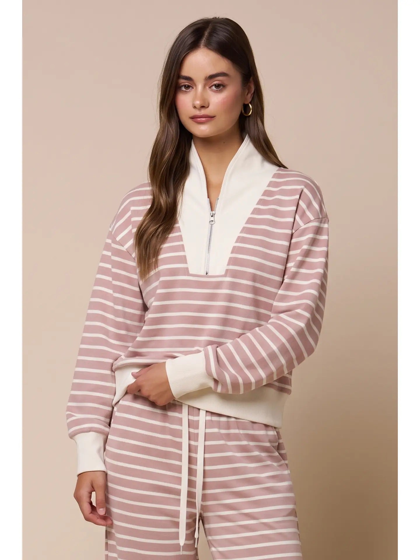 Stripe Half Zip-Up | Mauve & Ivory
