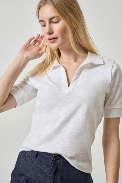 Elbow Sleeve Collared Split Neck | White