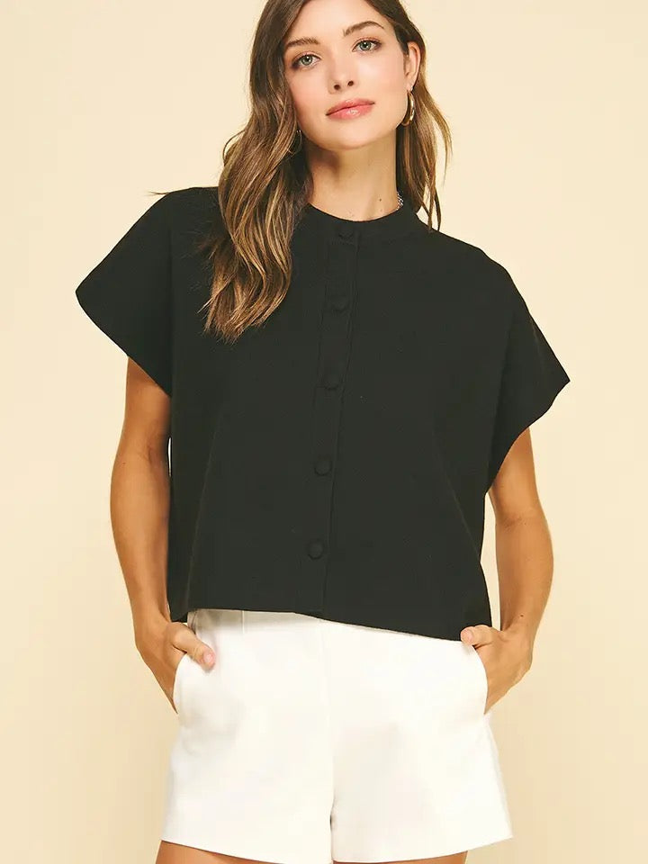 Short Sleeve Button Sweater | Black