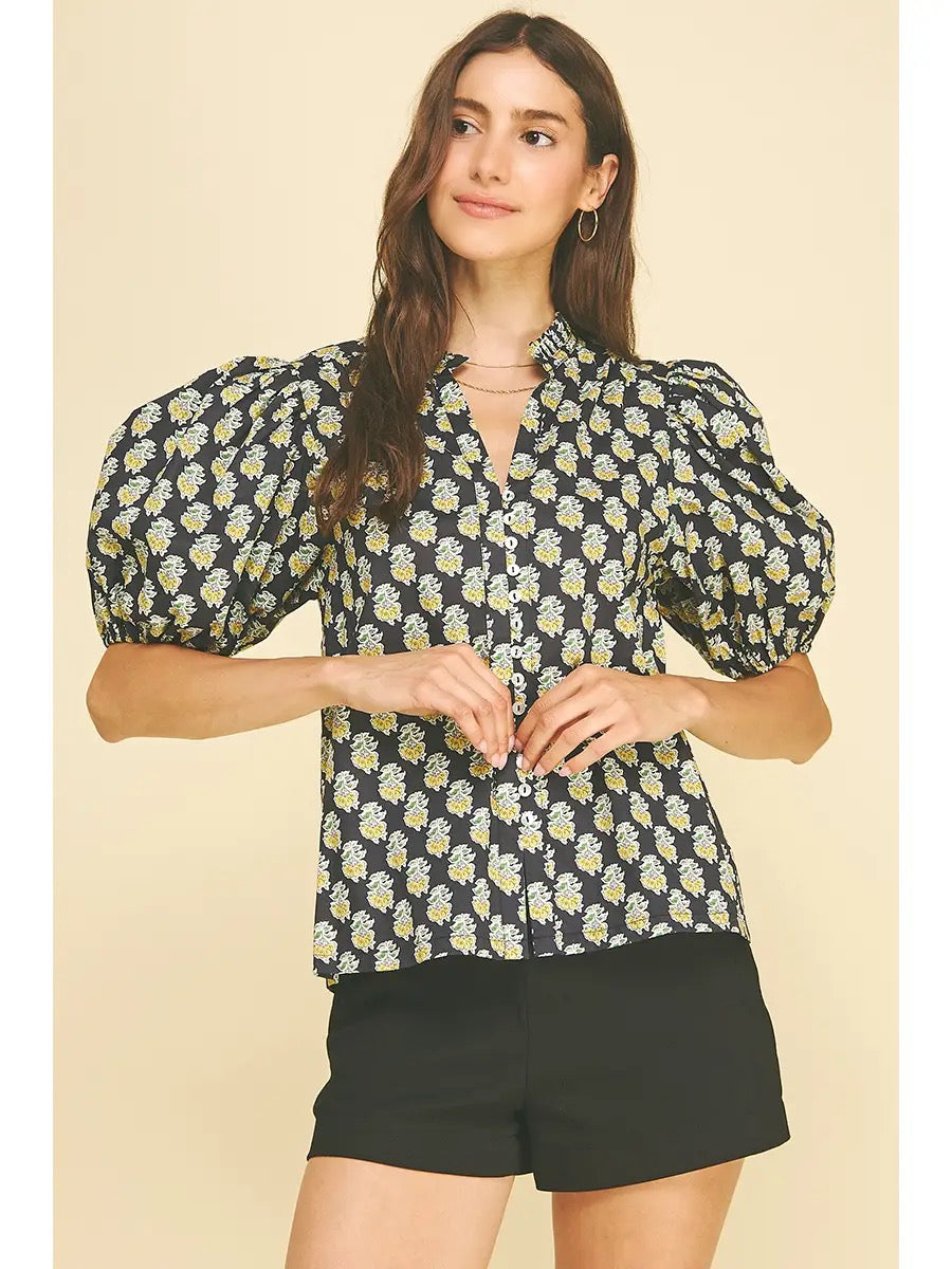 Alexia Blouse | Navy with Yellow Floral