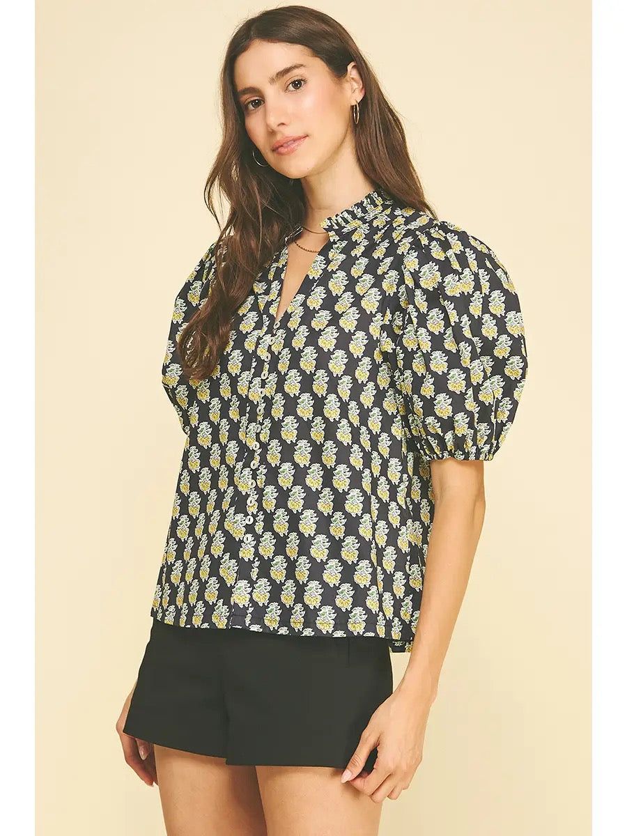 Alexia Blouse | Navy with Yellow Floral