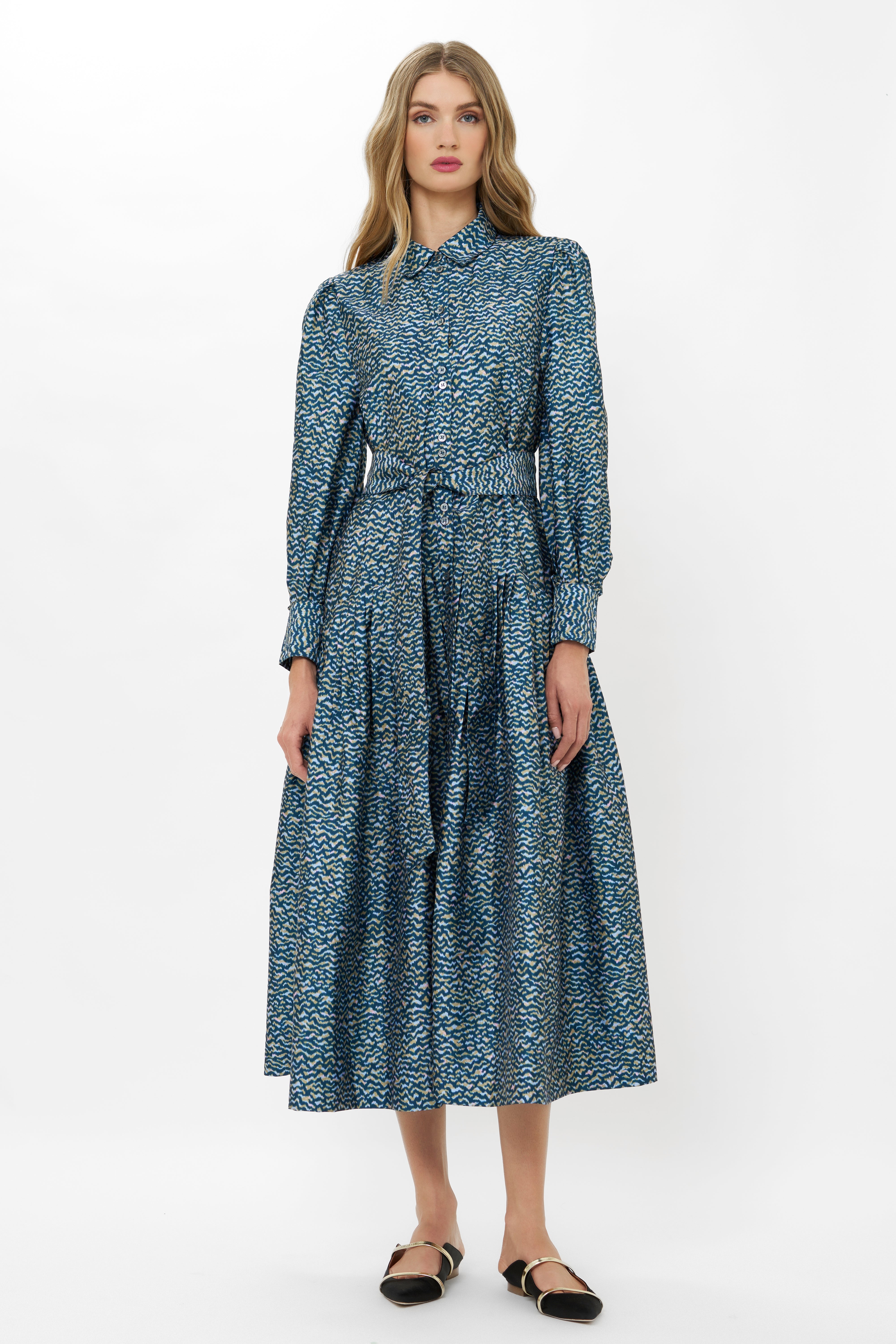 Oliphant Tie Front Zig Zag Dress in navy teal print with long sleeves and midi length
