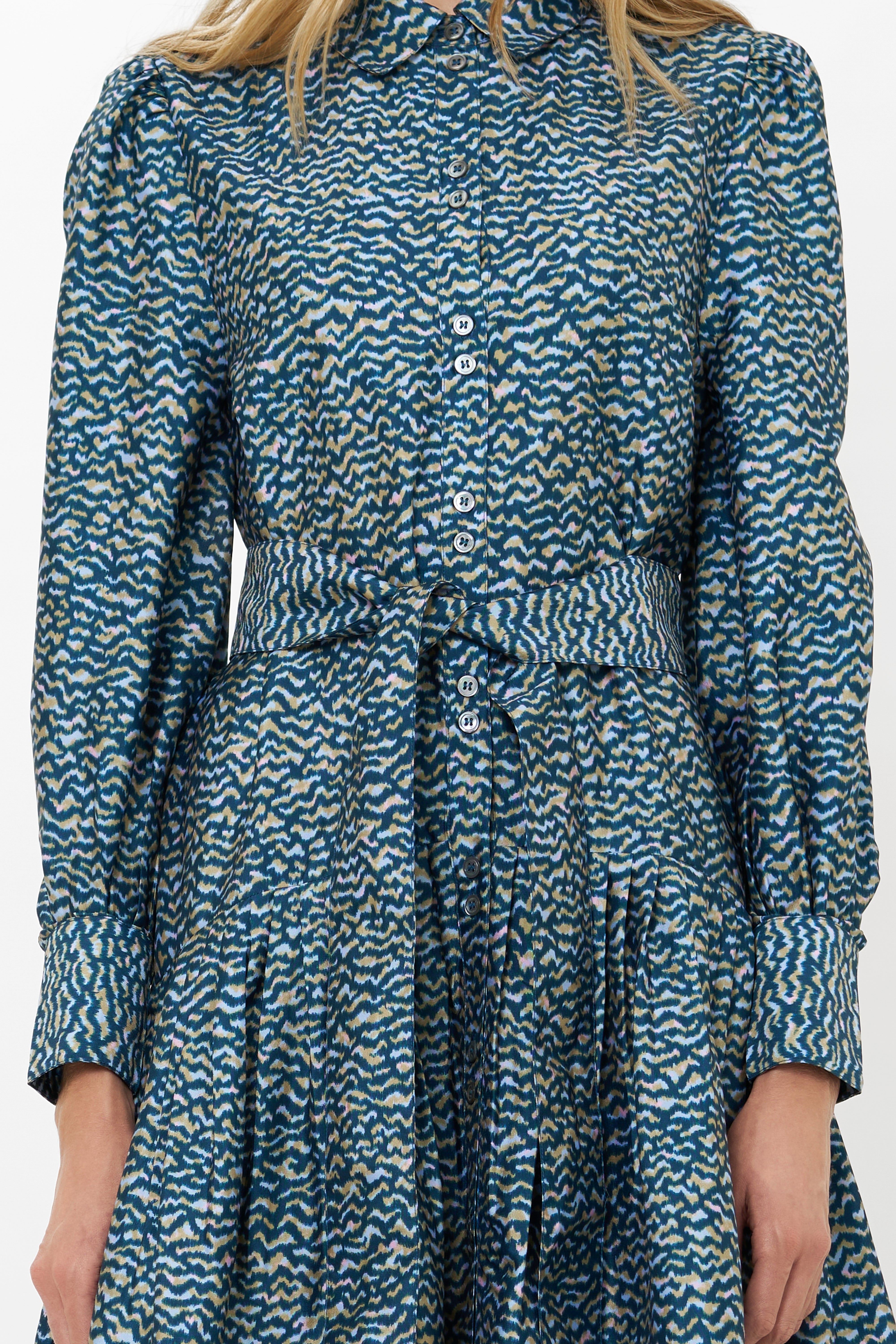 Oliphant Tie Front Zig Zag Dress in navy with multicolor ikat zigzag print and pleated skirt