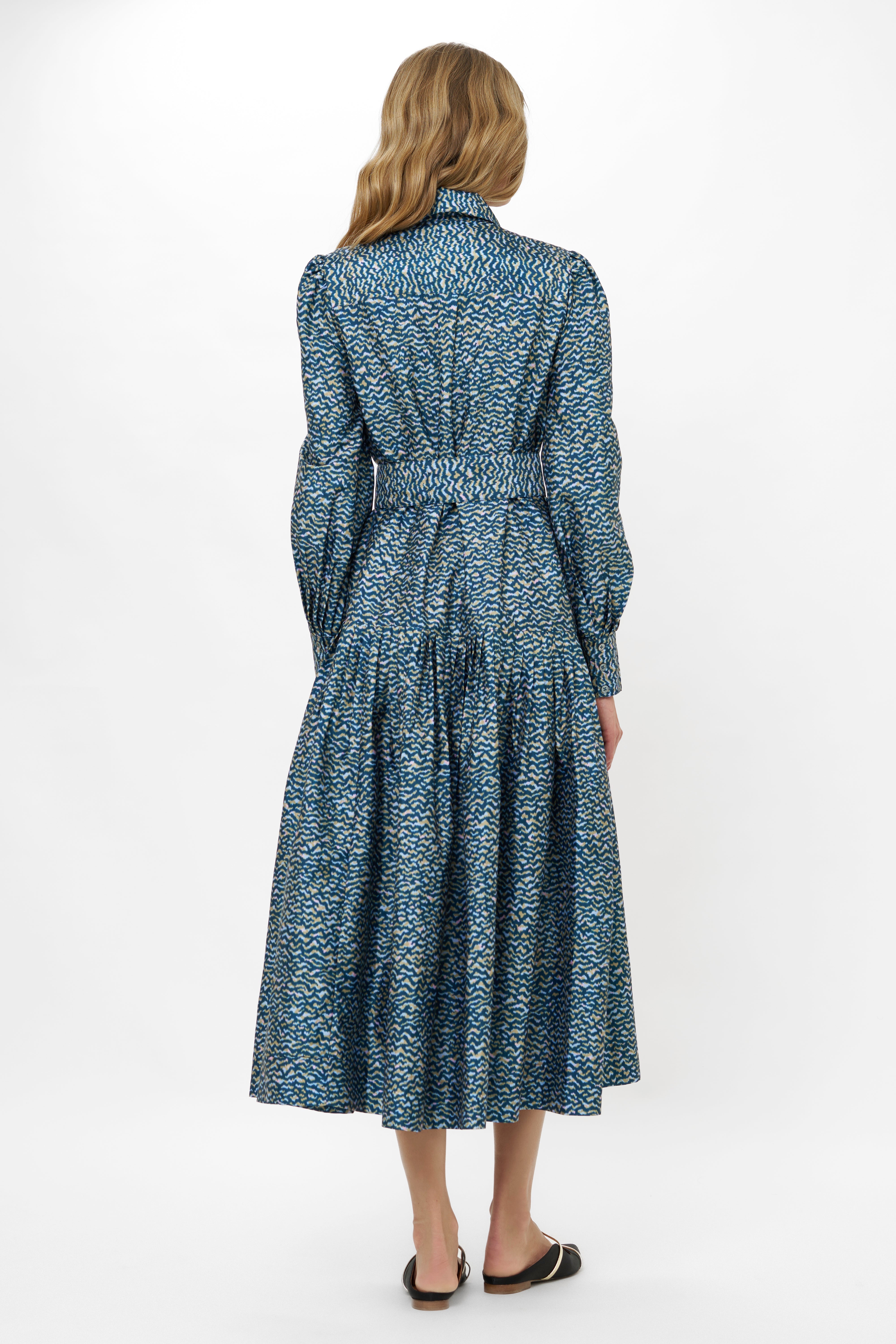 Oliphant Tie Front Zig Zag Dress in navy print, back view, midi length with long sleeves