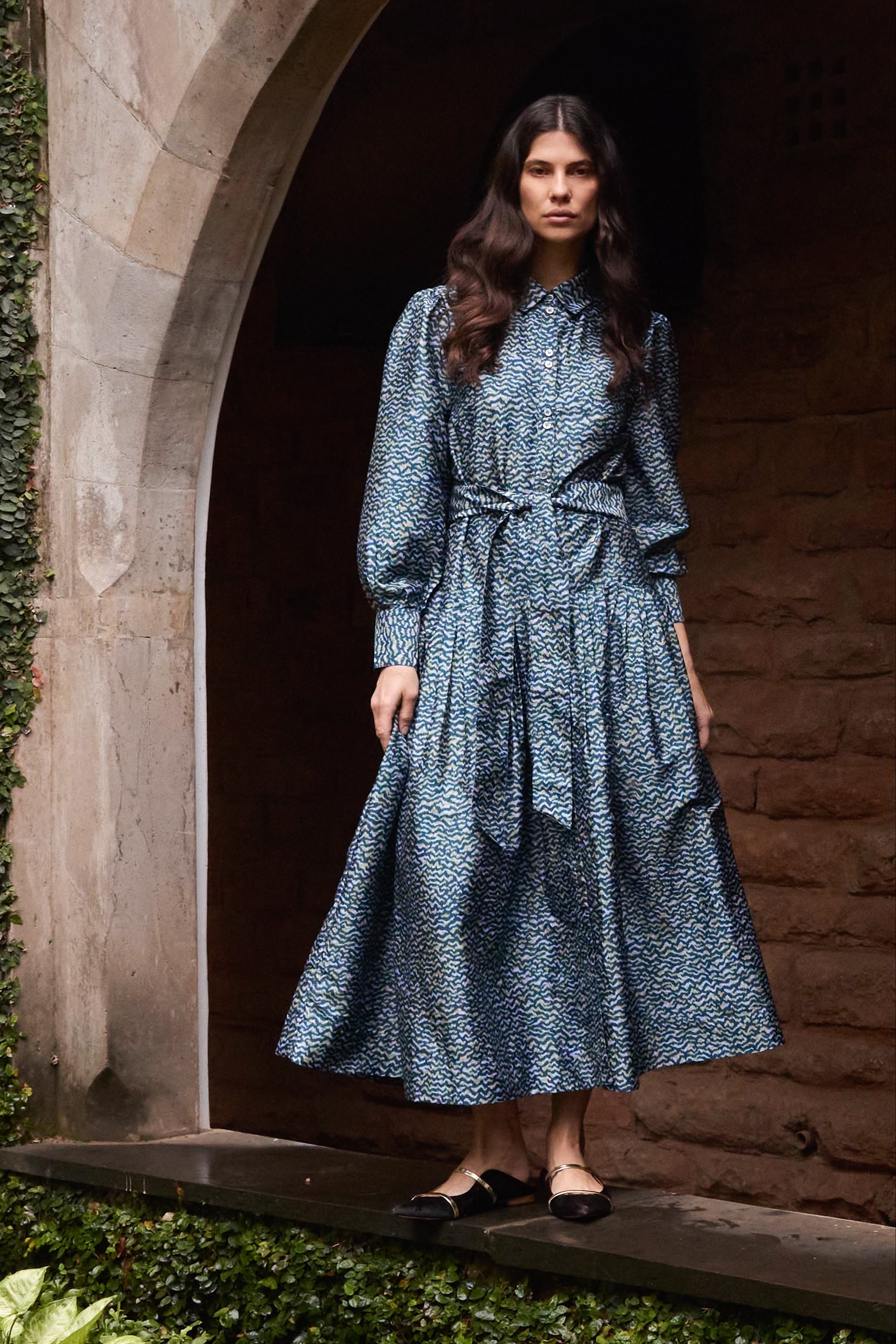 Oliphant Tie Front Zig Zag Dress in navy blue with long sleeves and midi length