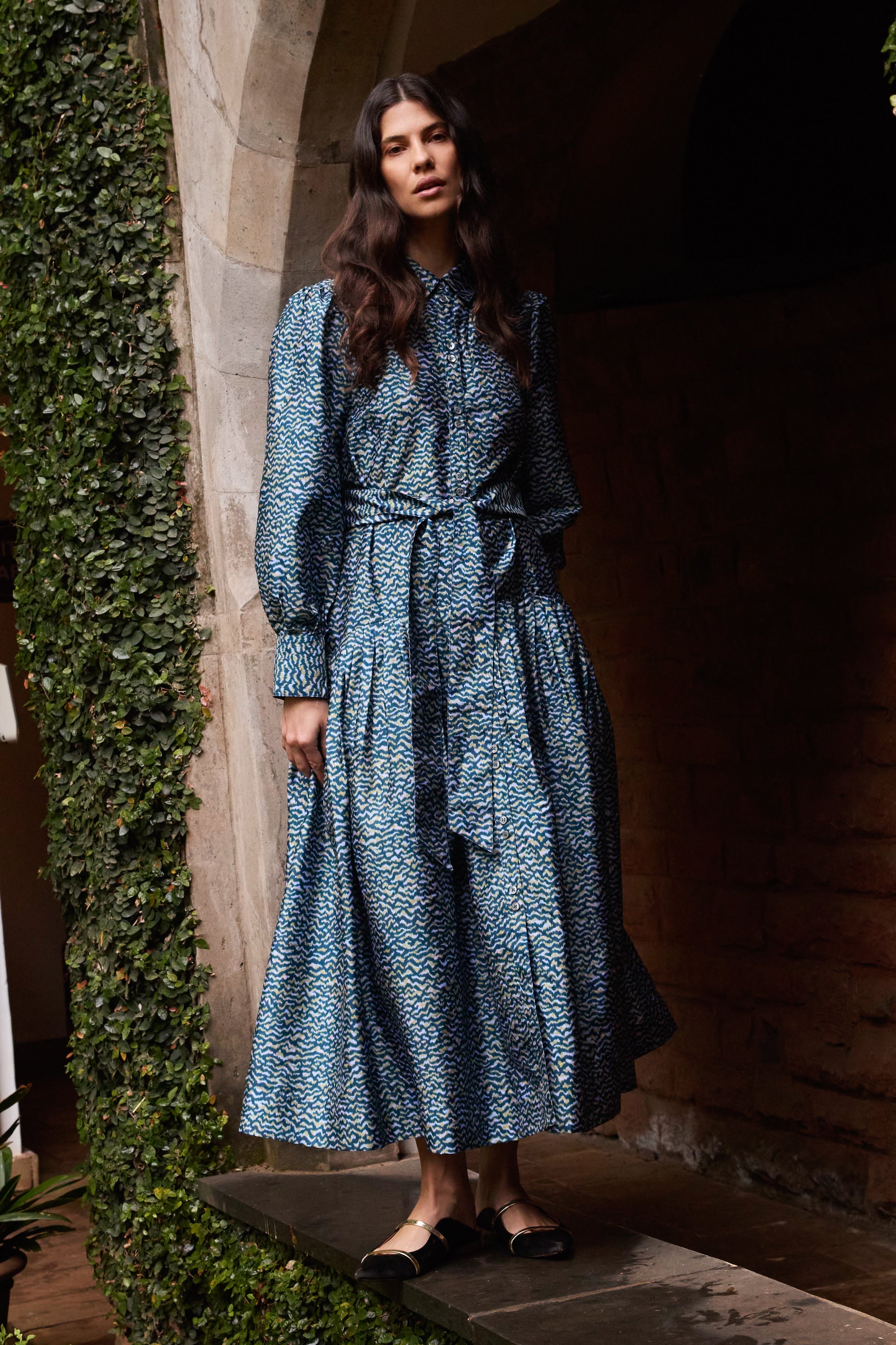 Oliphant Tie Front Zig Zag Dress in navy blue geometric print with long sleeves and belted waist
