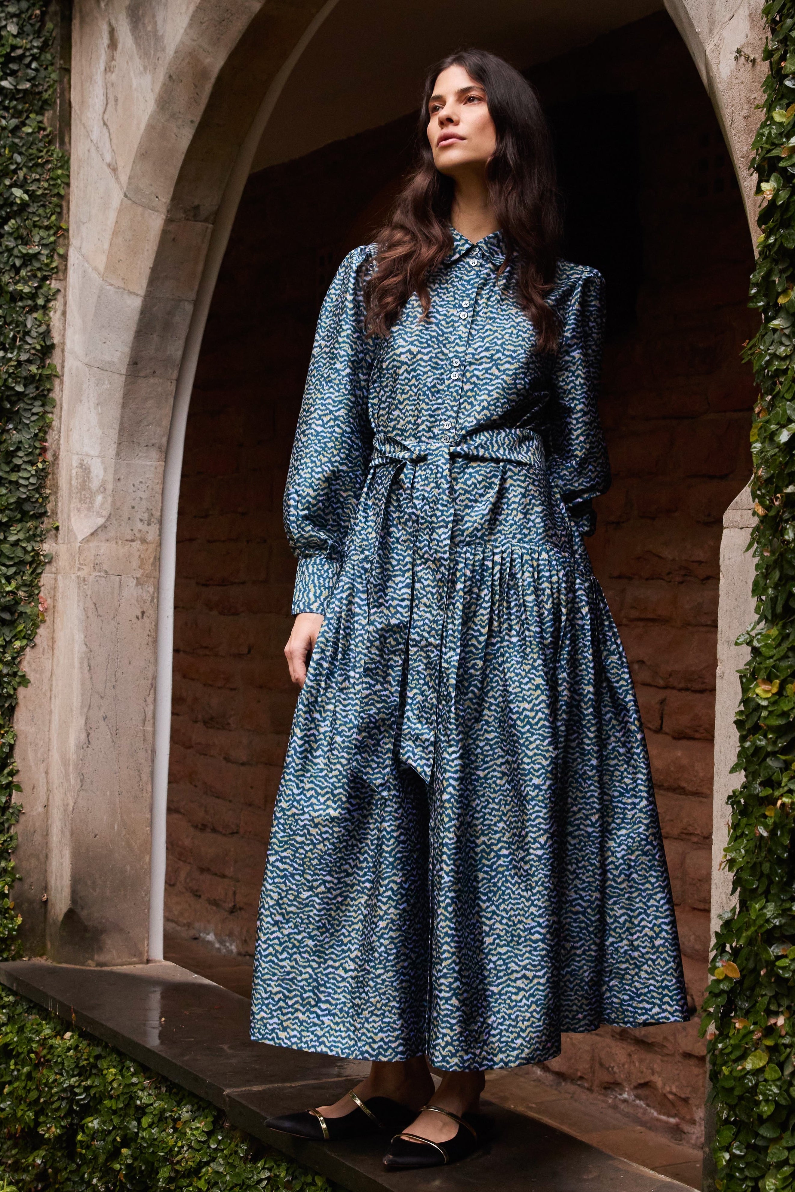 Oliphant Tie Front Zig Zag Dress in navy with long sleeves and full skirt