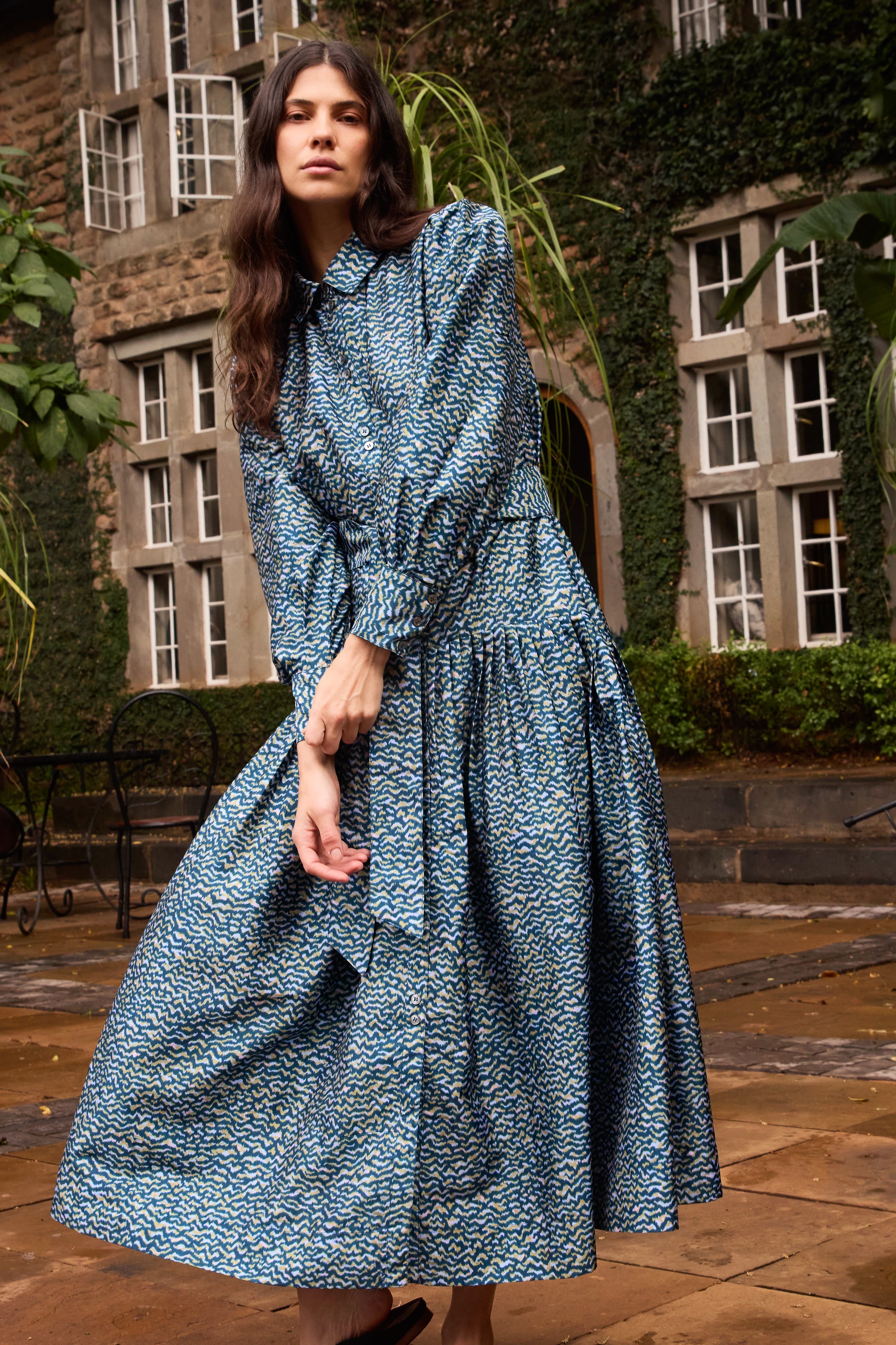 Oliphant Tie Front Zig Zag Dress in navy blue with geometric zig-zag print, full-length maxi silhouette