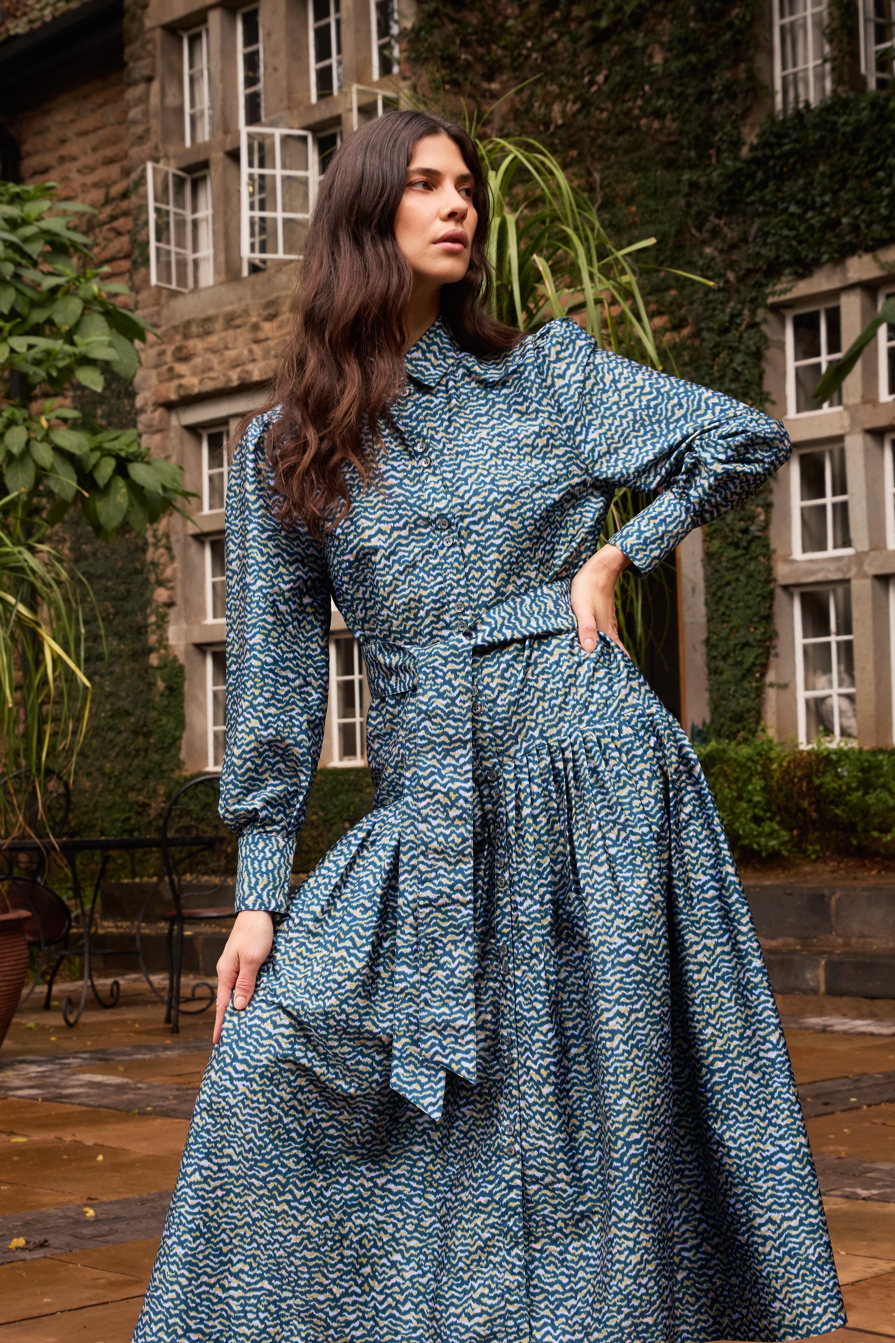 Oliphant Tie Front Zig Zag Dress in navy blue with geometric print, full-length maxi style